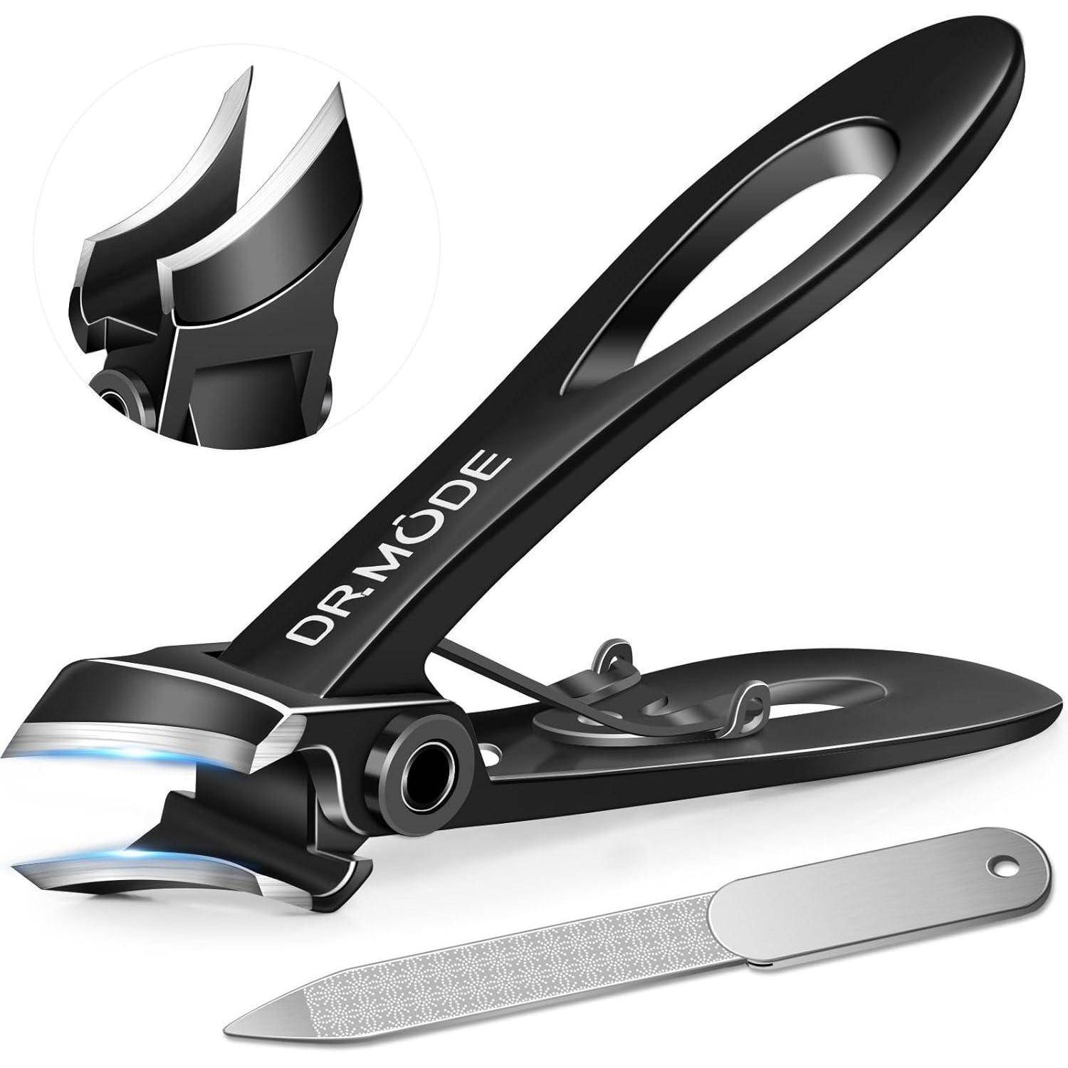 Schwarzer Nagelschneider mit ergonomischem Griff und vergrößerter Ansicht der Klingen, inklusive silberner Nagelfeile.