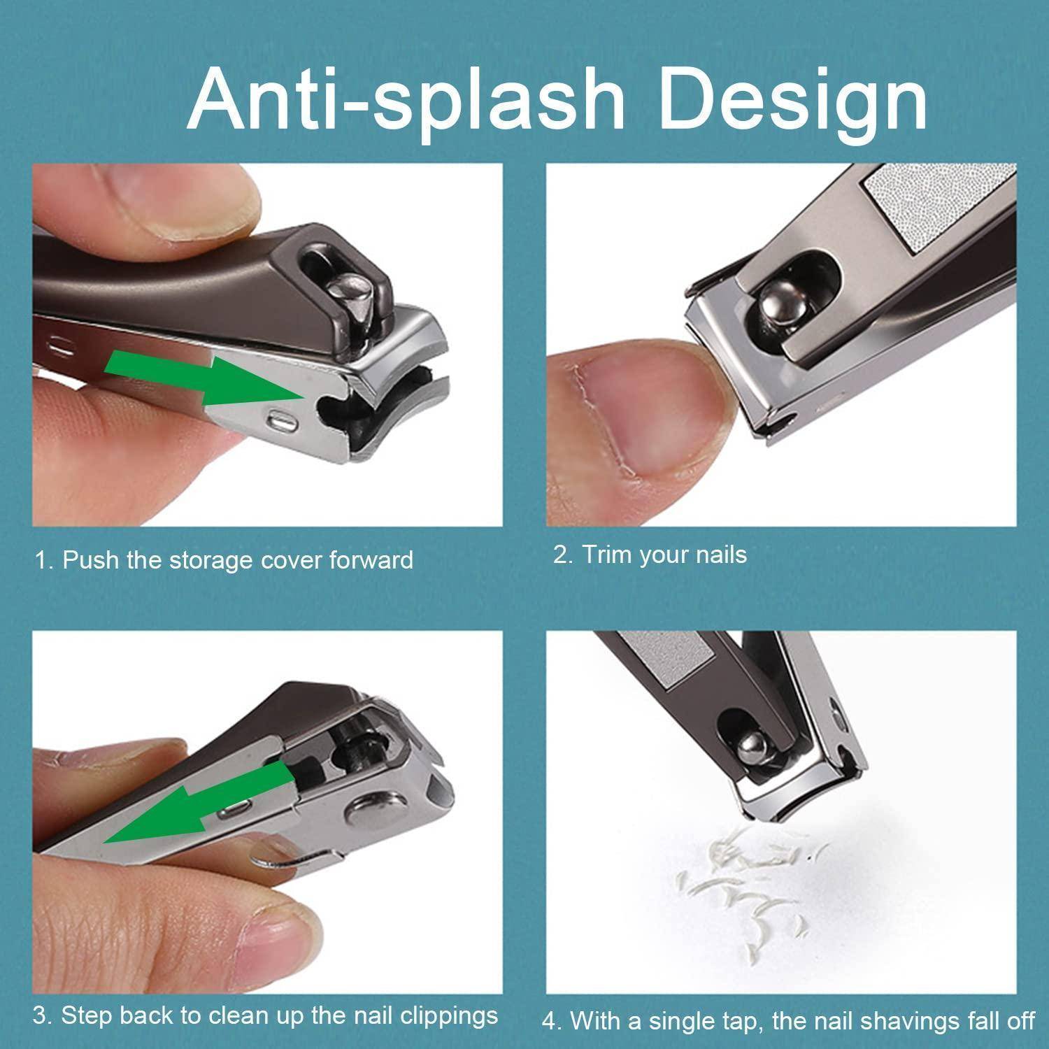 Nagelknipser mit Anti-Spritz-Design. Schritte: Deckel öffnen, Nägel schneiden, Ablagerungen säubern und klopfen, um Abschnitte zu entfernen.