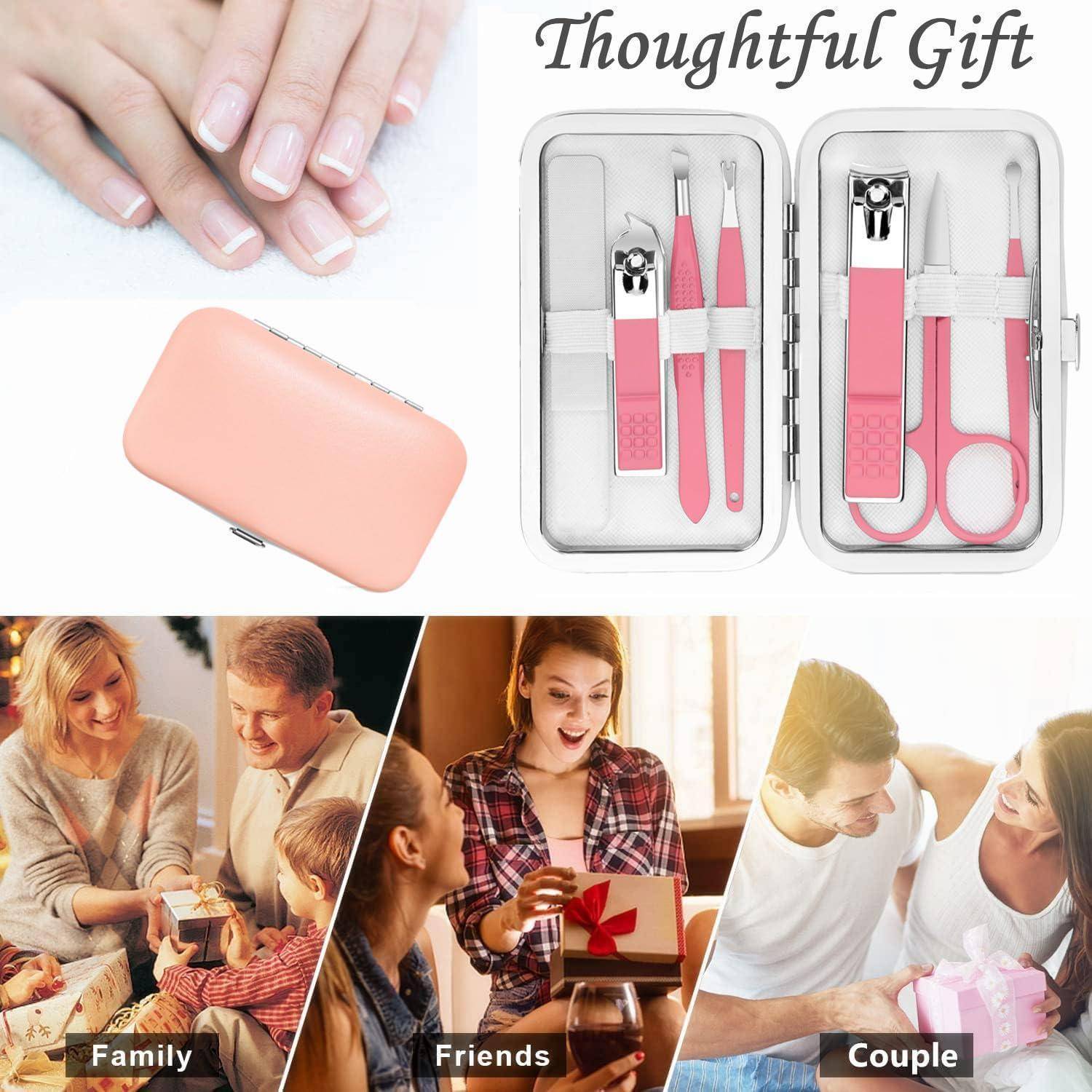 Maniküre-Set mit rosa Werkzeugen in einer Etui. Geschenkidee für Familie, Freunde oder Paare. Grafik zeigt eine Familie, die Geschenke austauscht.