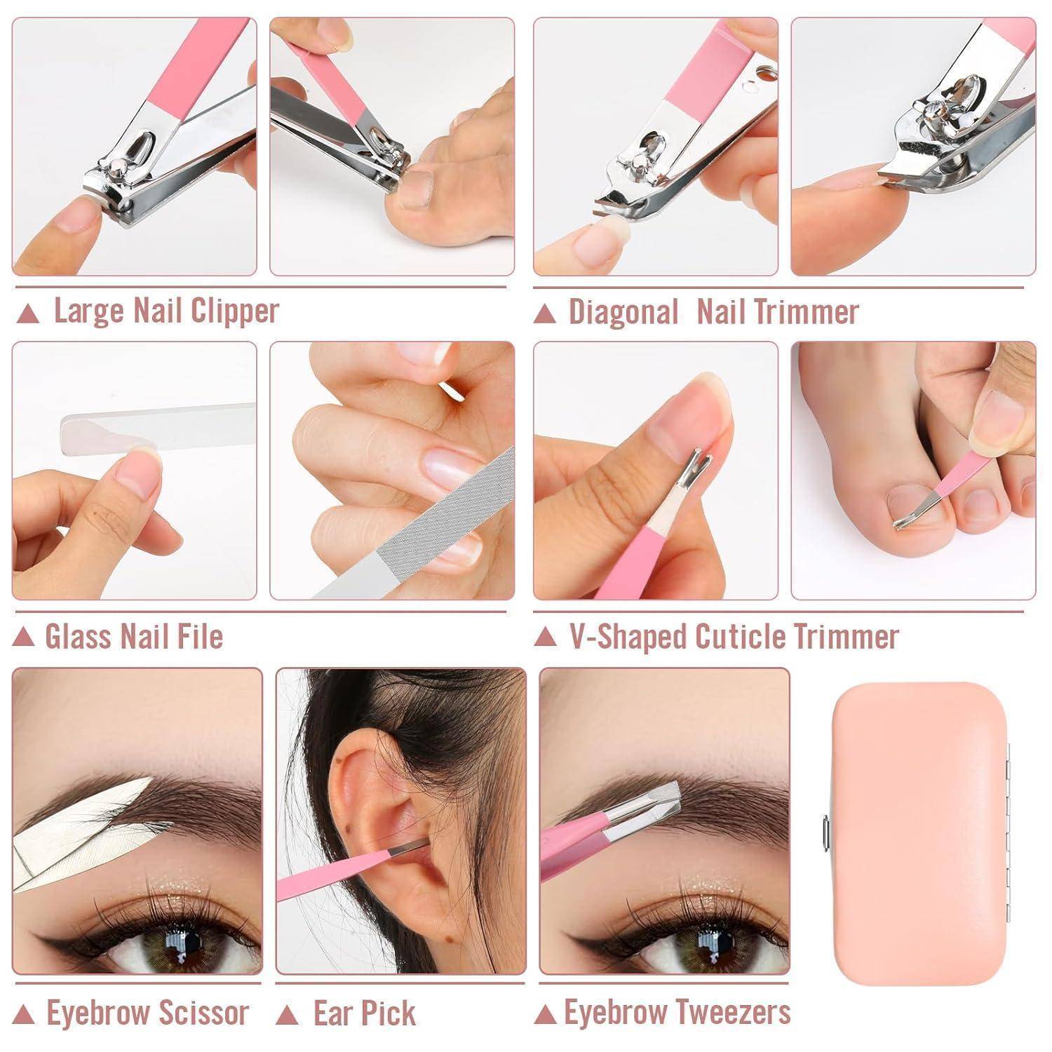 Nagelpflegeset mit großer Nagelschere, diagonalem Nagelschneider, Glasnagelfeile, V-förmigem Hautrandschneider, Augenbrauenschere, Ohrlöffel, Pinzette und Transportetui.