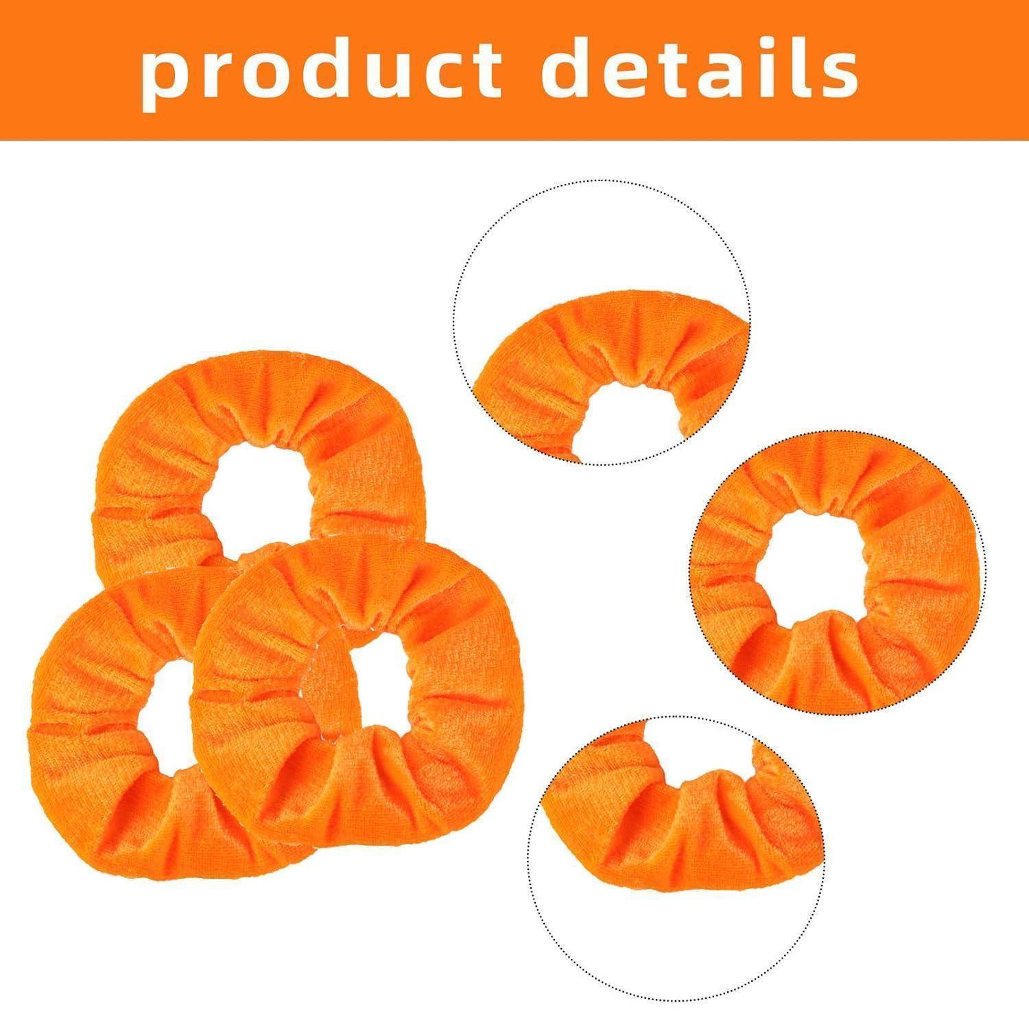 Fünf orangefarbene Stoffhaargummis werden präsentiert, wobei ihre Textur und Form hervorgehoben werden. Text darüber liest sich „Produktdetails