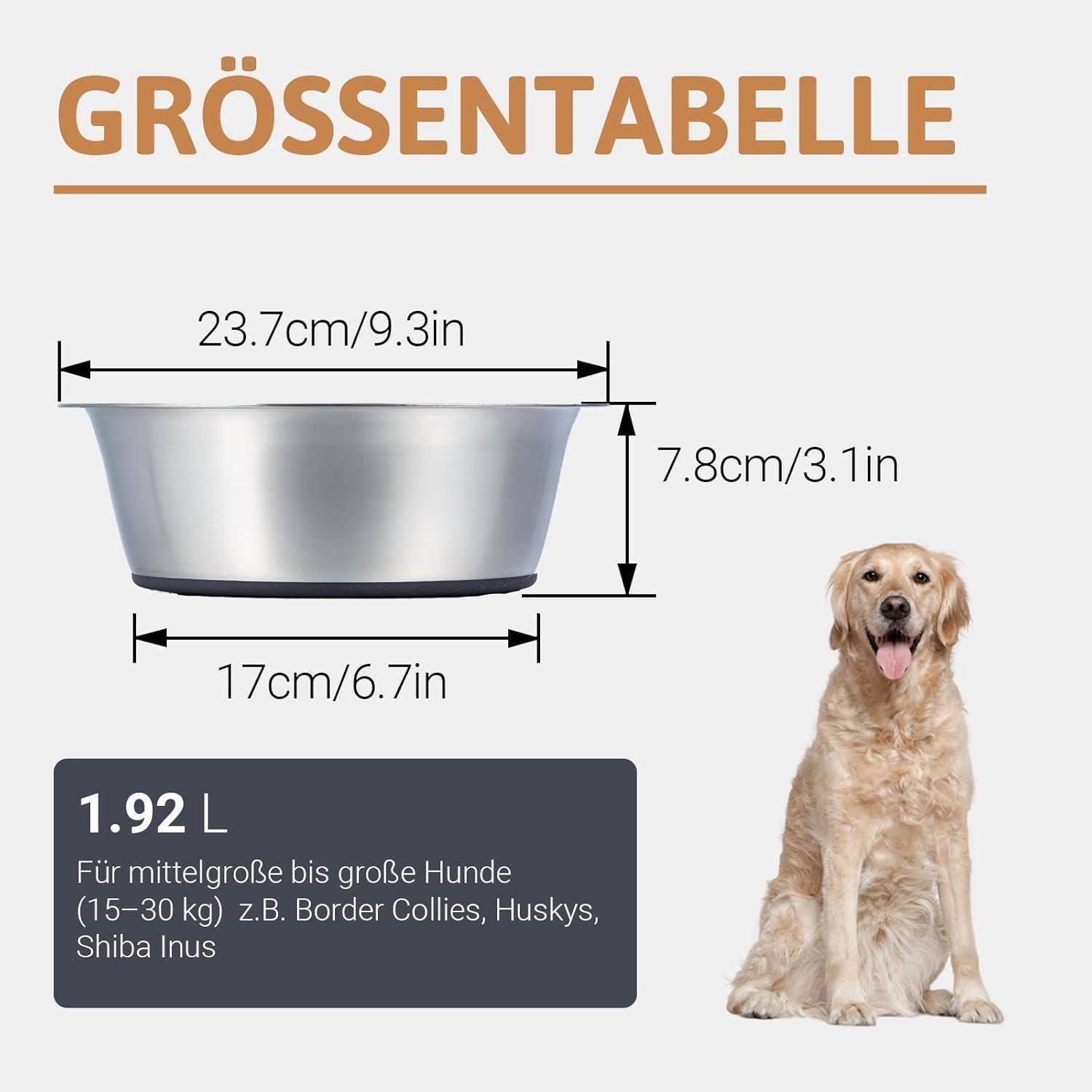 HUNDE-GRÖßENTABELLE für eine Metallschüssel mit Maßen: Oberer Durchmesser 23,7 cm/9,3 Zoll, Höhe 7,8 cm/3,1 Zoll, unterer Durchmesser 17 cm/6,7 Zoll, Fassungsvermögen 1,92 L, für mittelgroße bis große Hunde.