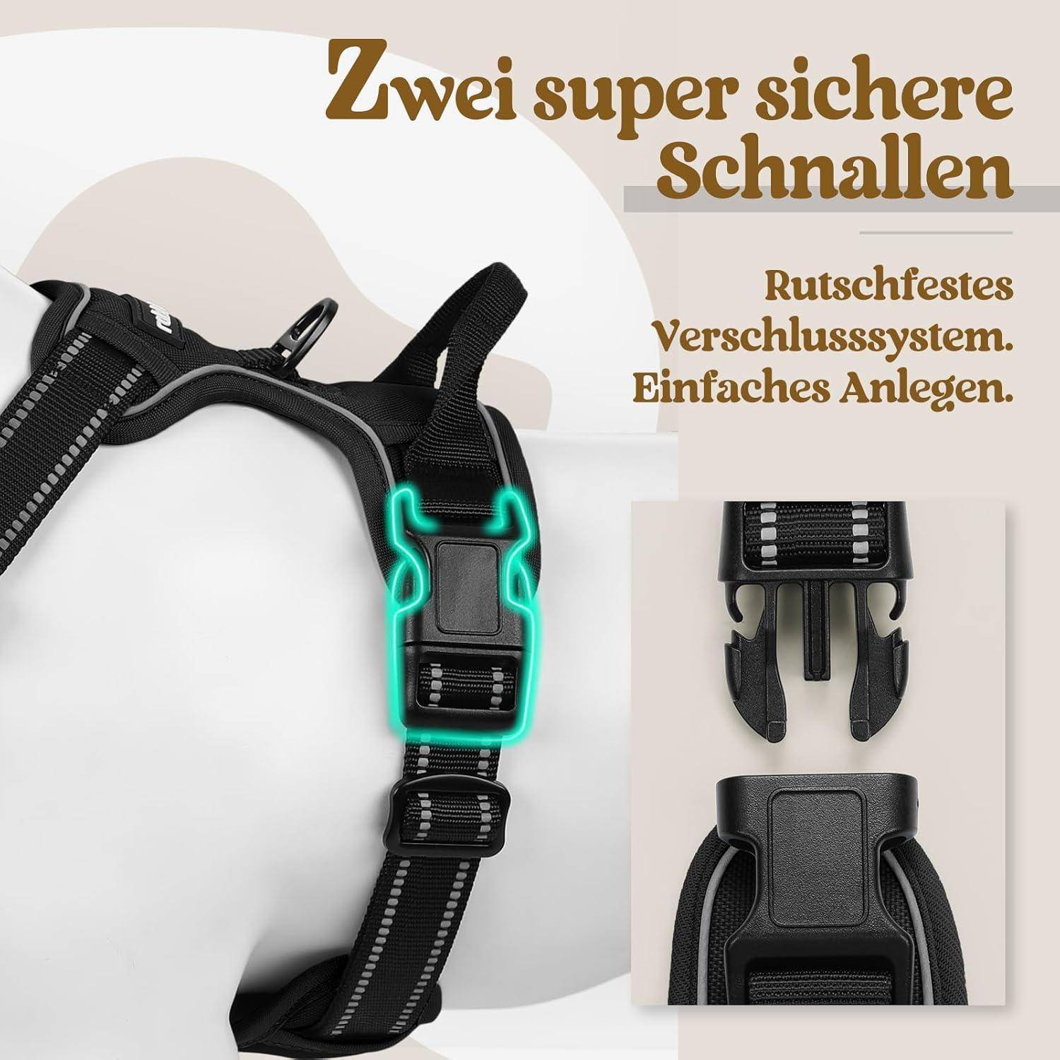Das Bild zeigt eine Nahaufnahme eines Hundegeschirrs mit zwei hervorgehobenen Schnallen. Der deutsche Text erwähnt 