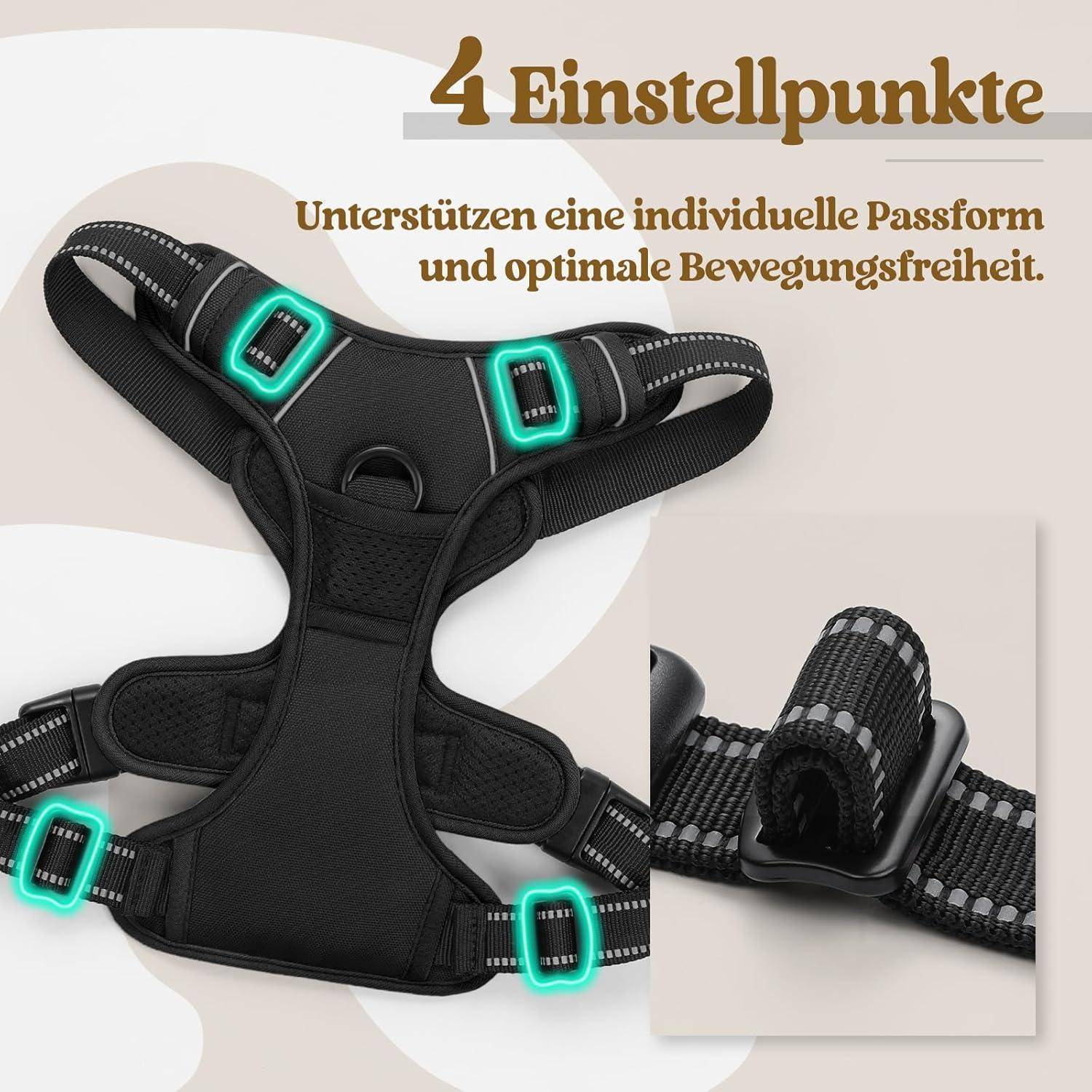 4 Einstellpunkte' Geschirr mit verstellbaren Gurten für einen individuellen Sitz und maximale Bewegungsfreiheit, inklusive Detailaufnahme des Verstellmechanismus.