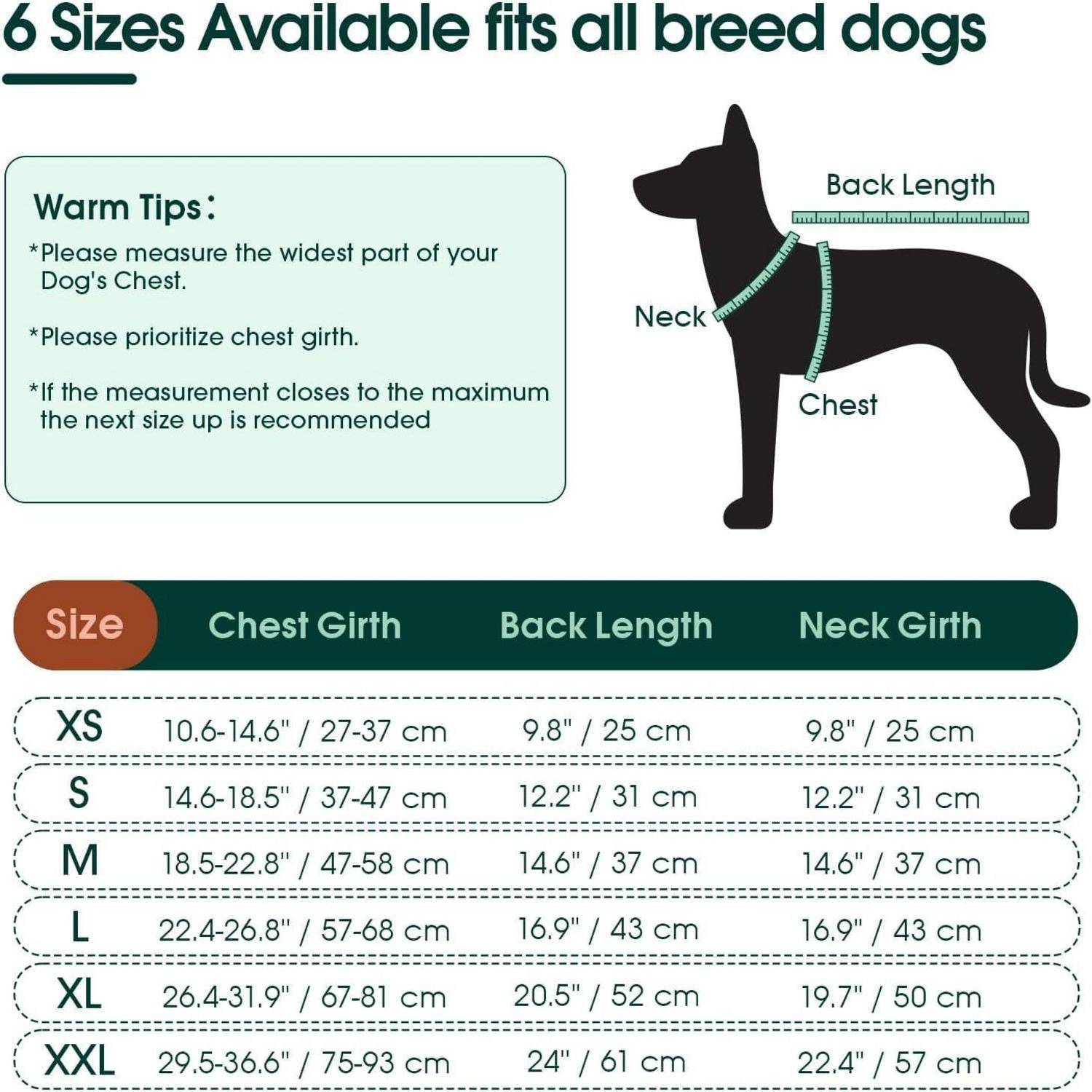 Grafik zur Darstellung von Hundegrößen. Zeigt Messungen für Hundehals, -brust und -rückenlänge. Größenführer von XS bis XXL mit Abmessungen enthalten.