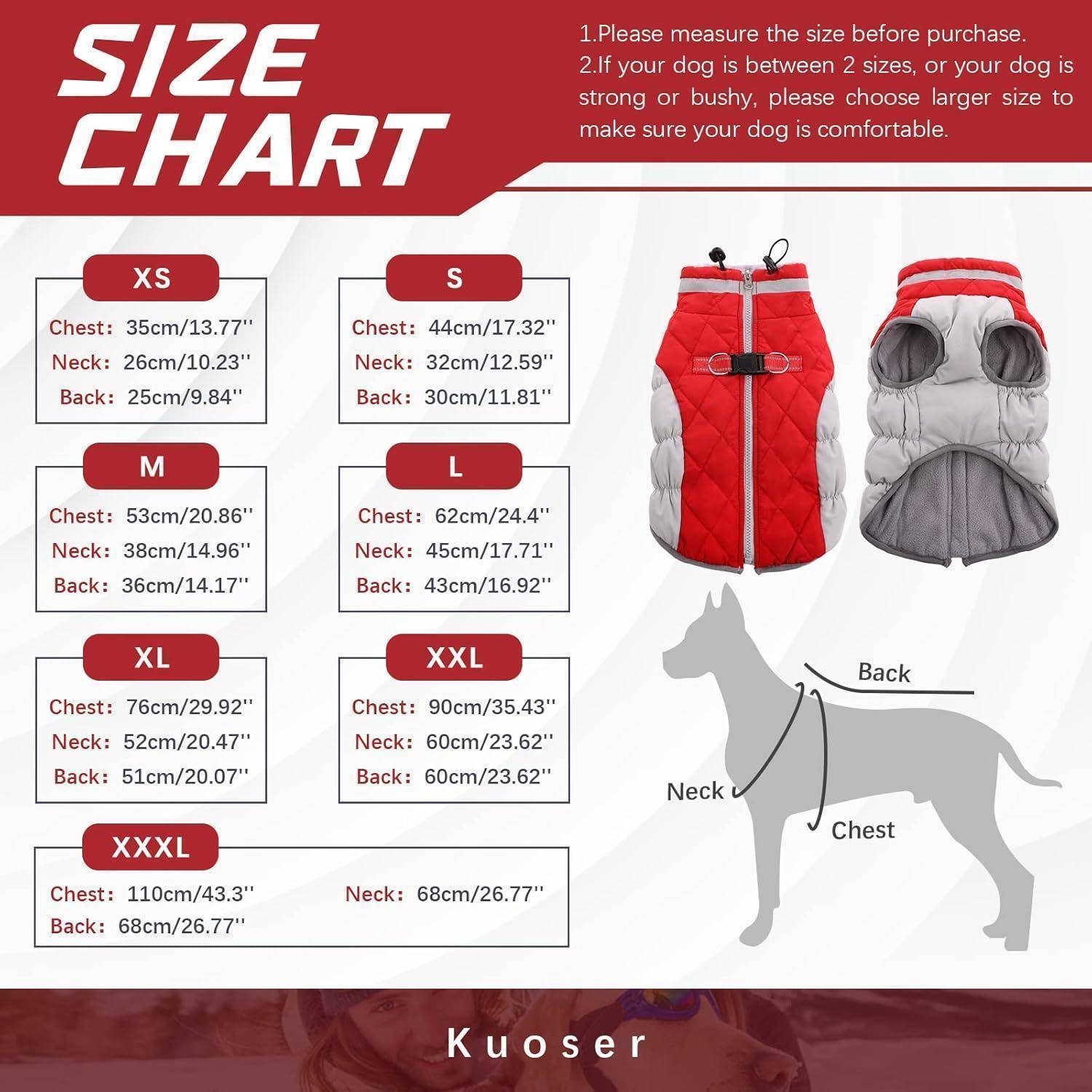 Größentabelle für Hundeweste: Optionen von XS bis XXXL mit Brust- und Halsmessungen. Tipps zur Größenbestimmung. Bild der Weste und Hundesilhouette zur Referenz.