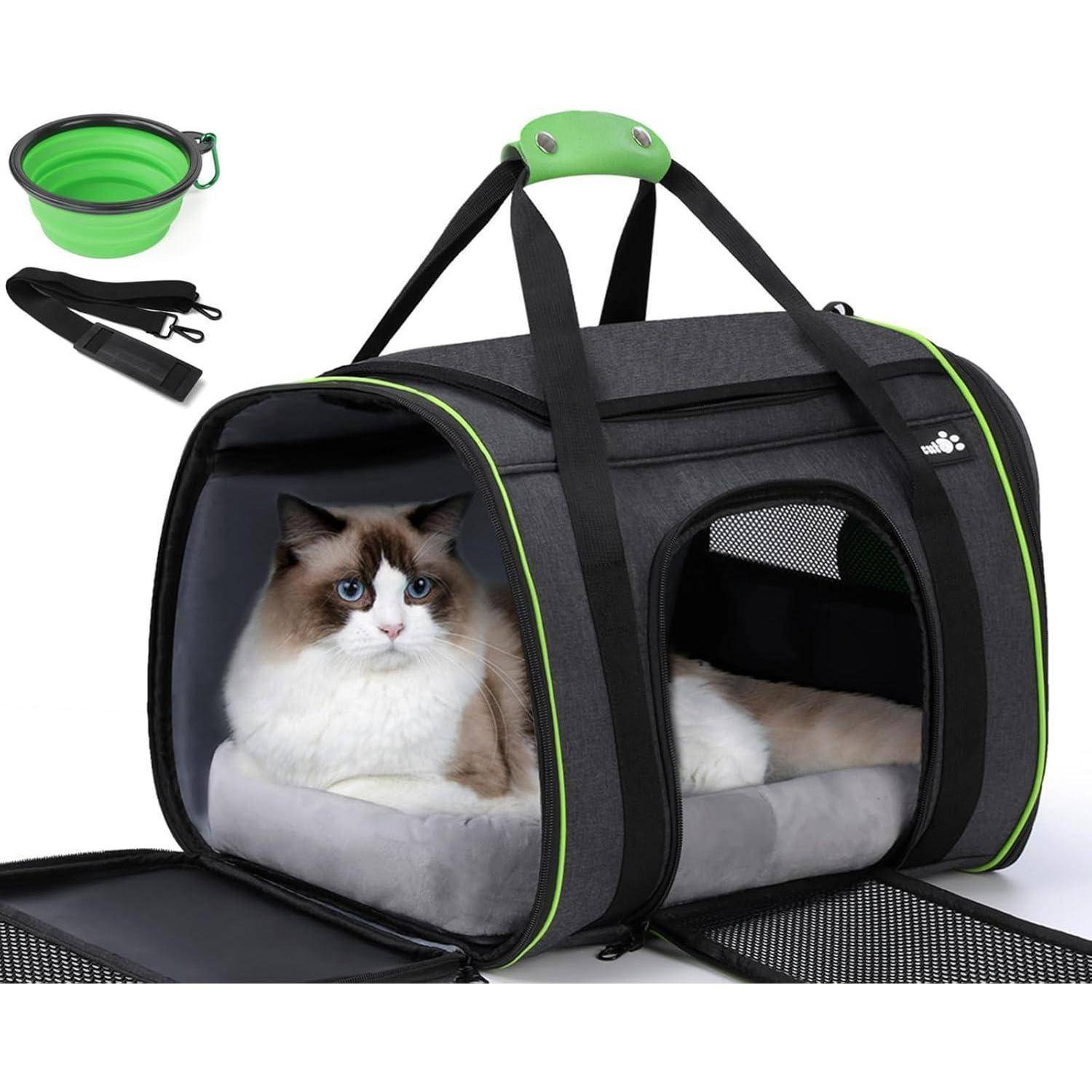 Eine flauschige Katze, die in einem grauen TierTransportkorb liegt, der ein weiches Innenfutter hat. Eine zusammenklappbare grüne Schüssel und ein Trageriemen befinden sich in der Nähe.