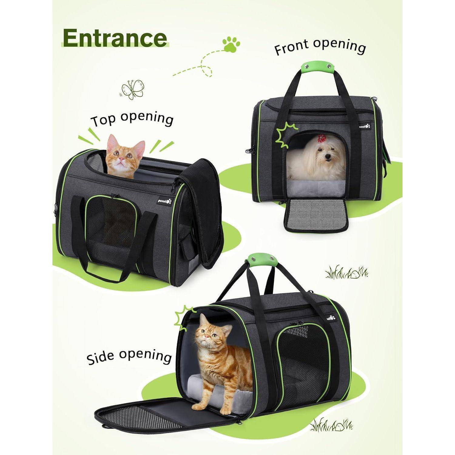 Transportboxen für Haustiere mit Öffnungen, die Katzen und einen Hund zeigen. Verschiedene Einstiegspunkte: oben, vorne und seitlich. Grüne Akzente und Tragegriffe.