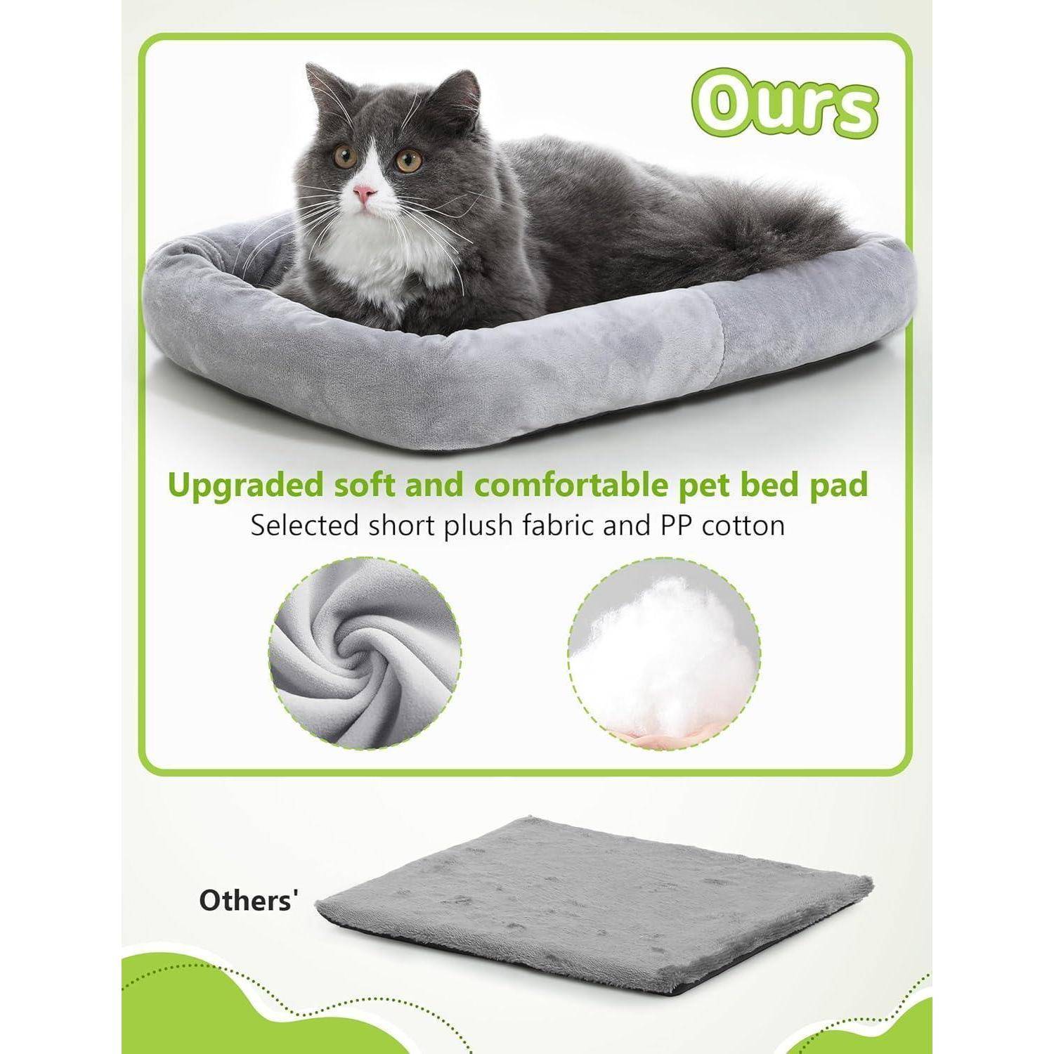 Eine flauschige graue und weiße Katze ruht auf einem weichen, grauen Haustierbett. Der Text hebt hervor: 