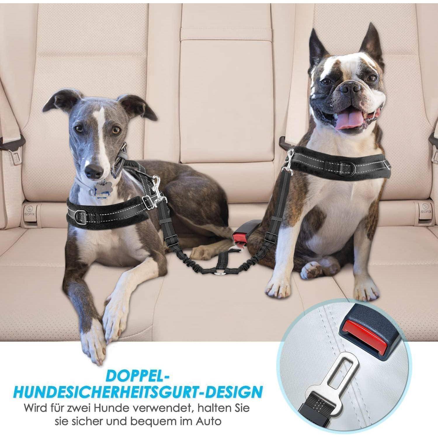 Zwei Hunde mit Geschirren auf einem Autositz gesichert. Text auf Deutsch zeigt ein Design für einen doppelten Hundesicherheitsgurt für sicheres Autofahren.