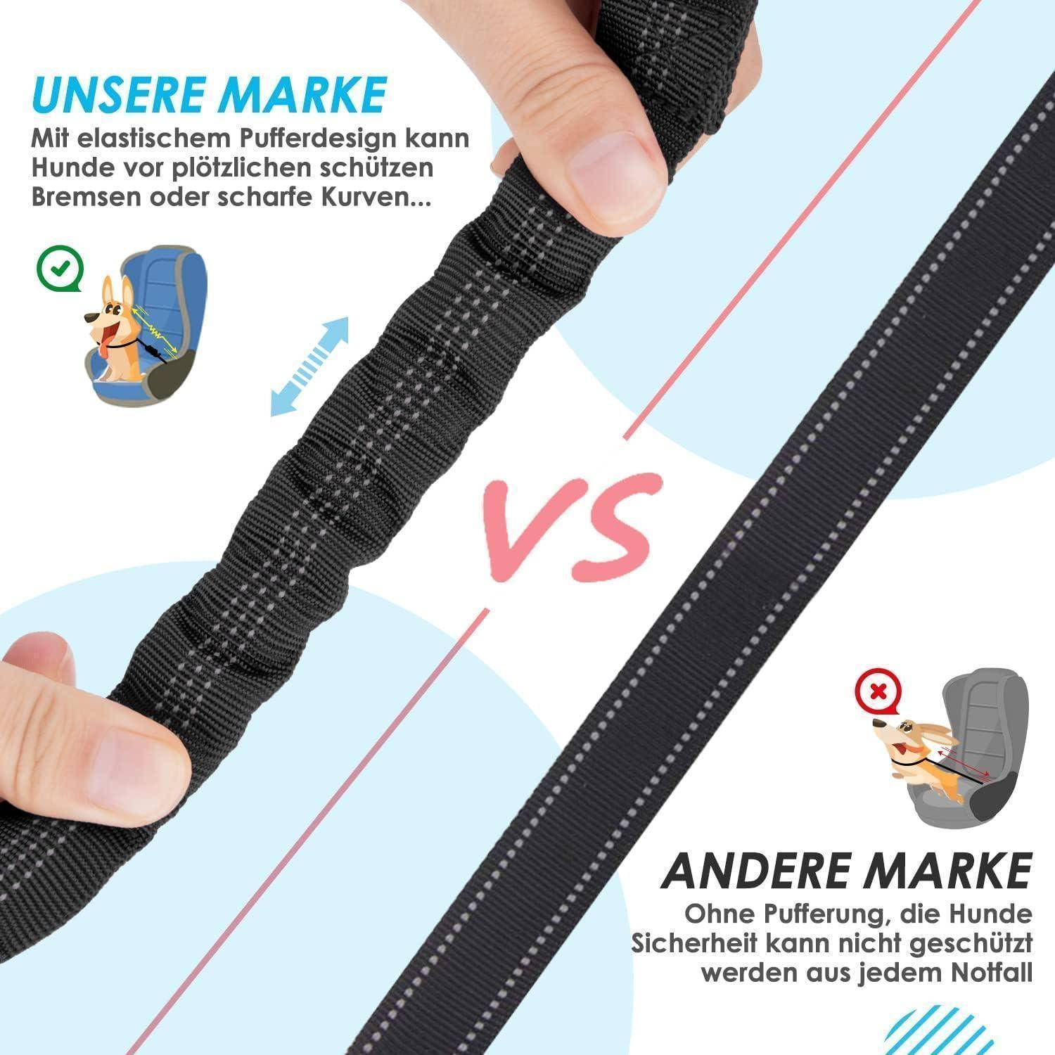Zwei Hände halten einen dehnbaren schwarzen Hundesicherheitsgurt mit der Beschriftung 'Unsere Marke' mit Polsterung; im Vergleich zu einem starren Gurt mit der Beschriftung 'Andere Marke'. Veranschaulicht die Vorteile von Elastizität bei der Haustier-Sicherheit.