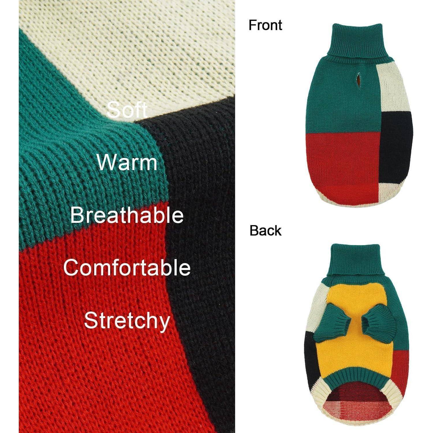 Vorder- und Rückansicht eines mehrfarbigen Strickpullovers. Die Adjektive 'Weich, Warm, Atmungsaktiv, Komfortabel, Dehnbar' erscheinen neben dem Stoff.