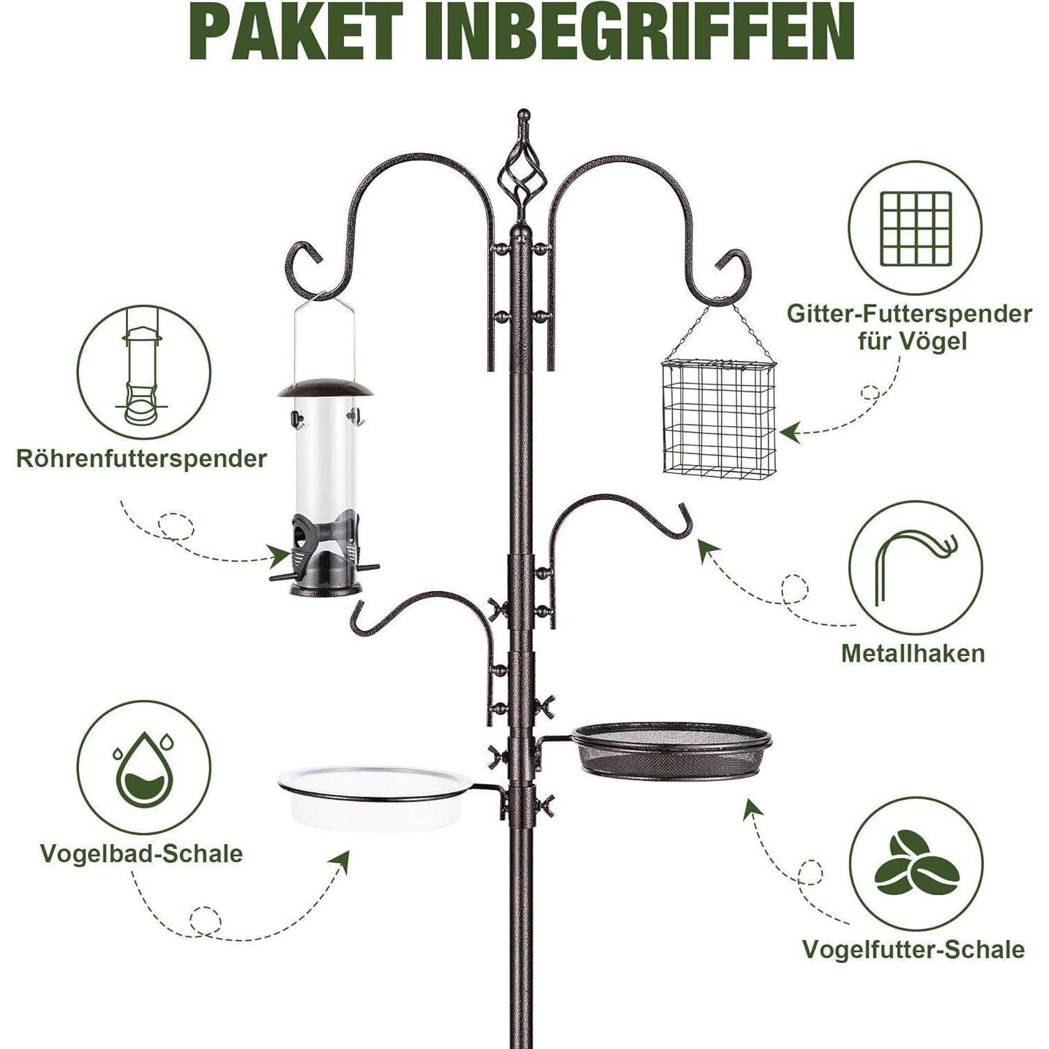 Ein schwarzer Metallvogelfutterständer mit mehreren Haken trägt einen Röhrenfutterspender, einen Gitterfutterspender, zwei Vogelfutterschalen und einen Metallhaken. Deutsche Textbezeichnungen.