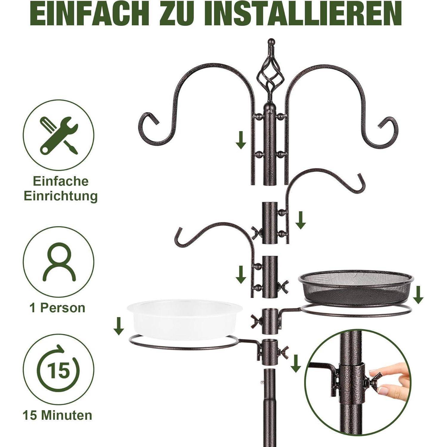 Einfach zu installieren' Vogelfutterständer-Montage mit Diagramm zeigt Haken für Tabletts, erfordert 1 Person und 15 Minuten für den Aufbau.