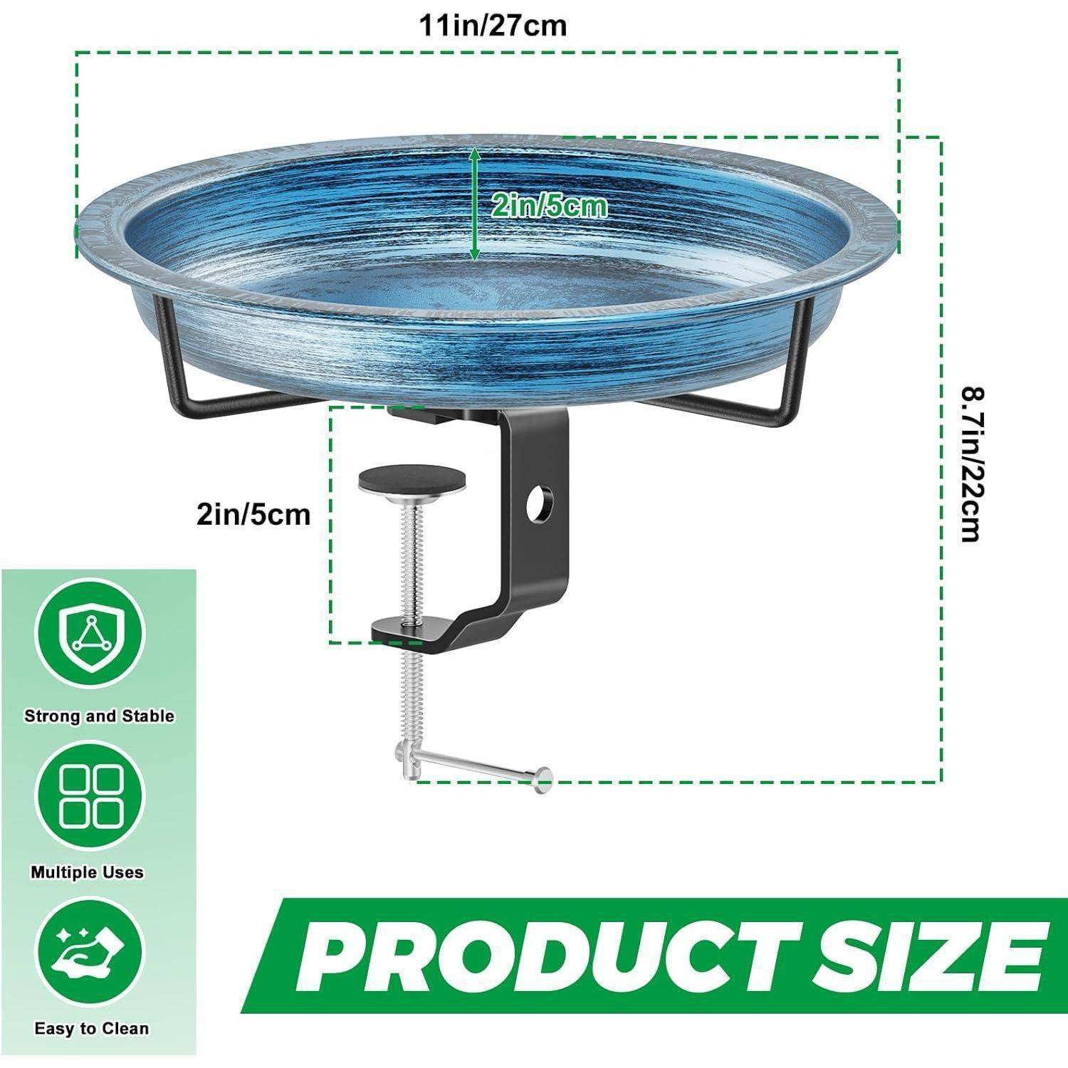 Produktbild zeigt eine blaue Schüssel, die an einer Oberfläche befestigt ist, Abmessungen beschriftet mit 11 Zoll/27 cm im Durchmesser, 8,7 Zoll/22 cm hoch und 2 Zoll/5 cm tief. Aufgeführte Merkmale: robust, vielseitig einsetzbar, leicht zu reinigen.
