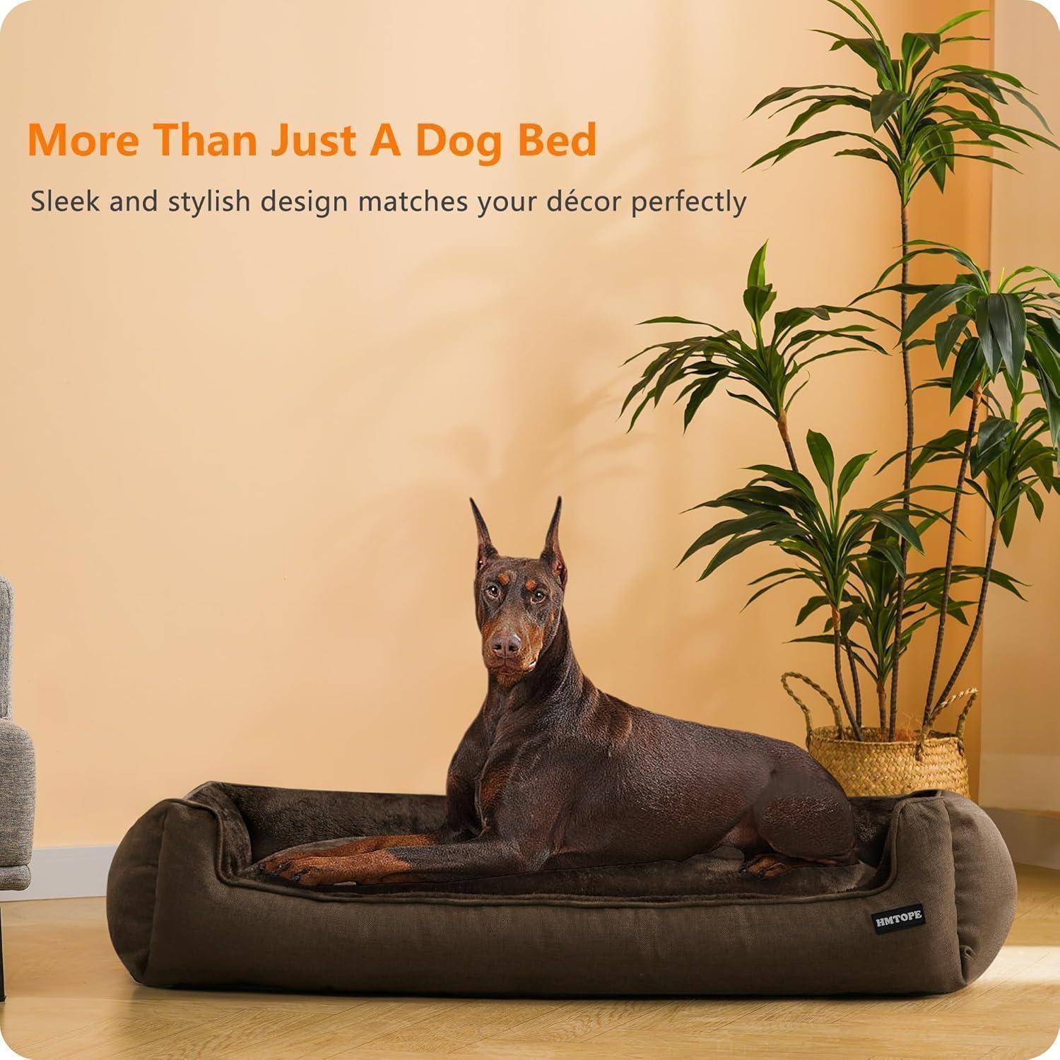 Ein Dobermann liegt auf einem eleganten, stilvollen Hundebett in einem Raum mit Pflanzen und präsentiert damit das Design des Bettes, das die Wohnungseinrichtung perfekt ergänzt.