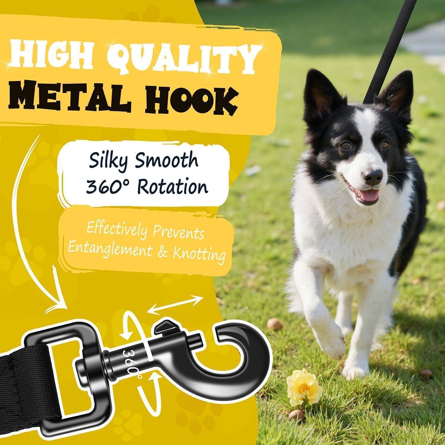 Ein fröhlicher Hund an der Leine läuft auf Gras. Der Text bewirbt einen „Hochwertigen Metallhaken