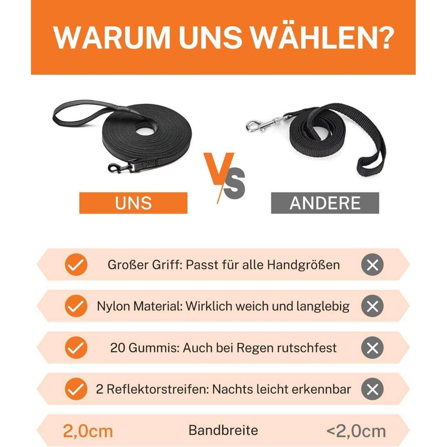 Schleppleine Nylon Übungsleine 5m 10m Reflektoren 10m x 2cm Schwarz