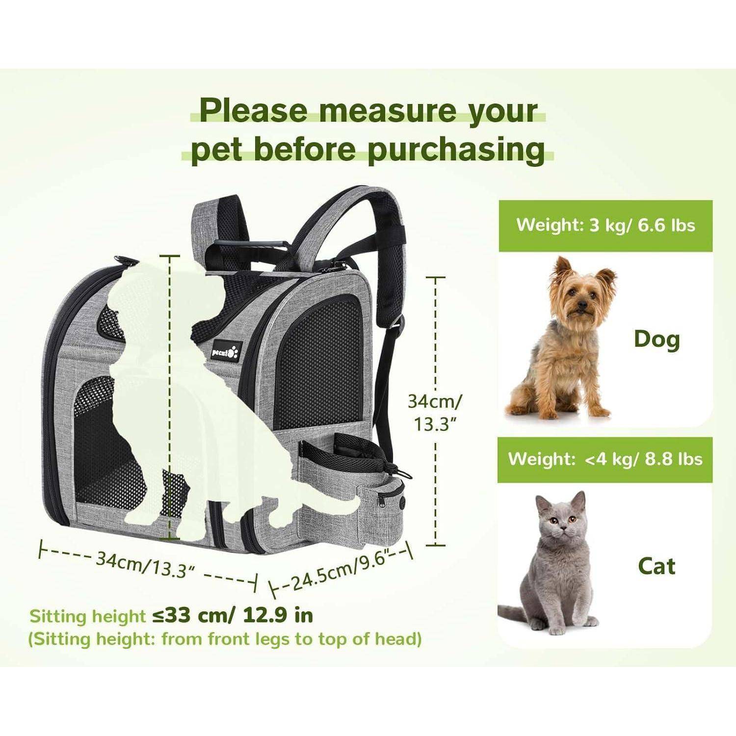 Leitfaden für Tiertransportboxengröße: Zeigt Boxenabmessungen und maximale Sitzhöhe. Illustriert Gewichtslimit: 3 kg für Hunde, 4 kg für Katzen.