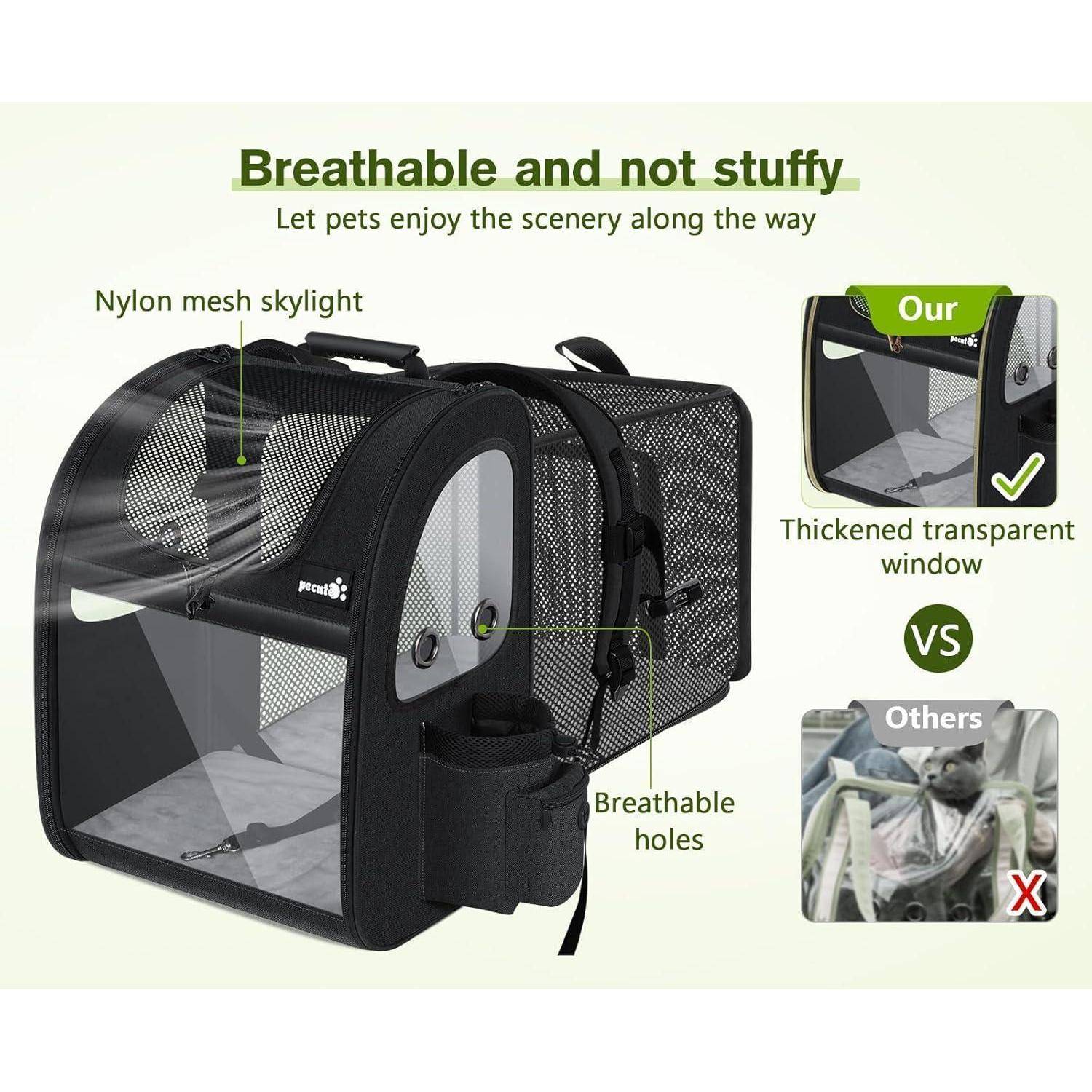 Atmungsaktive und nicht stickige Transporttasche für Haustiere mit Nylon-Mesh-Oberlicht und dickem transparentem Fenster im Vergleich zu anderen mit geringerer Belüftung.