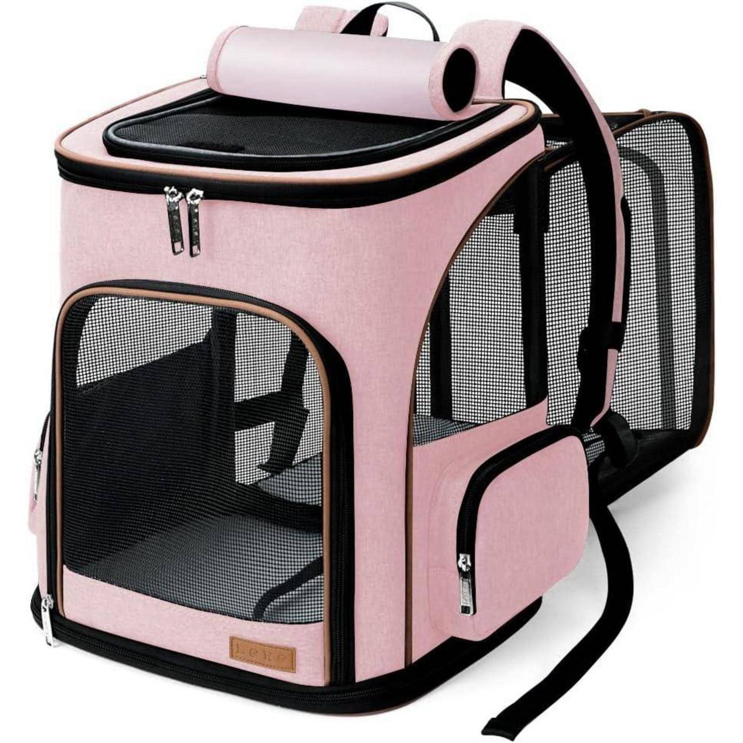 Ein rosa Haustier-Rucksack mit Netzfenstern, entwickelt zum Tragen kleiner Tiere. Er verfügt über verstellbare Trageriemen und seitliche Taschen.