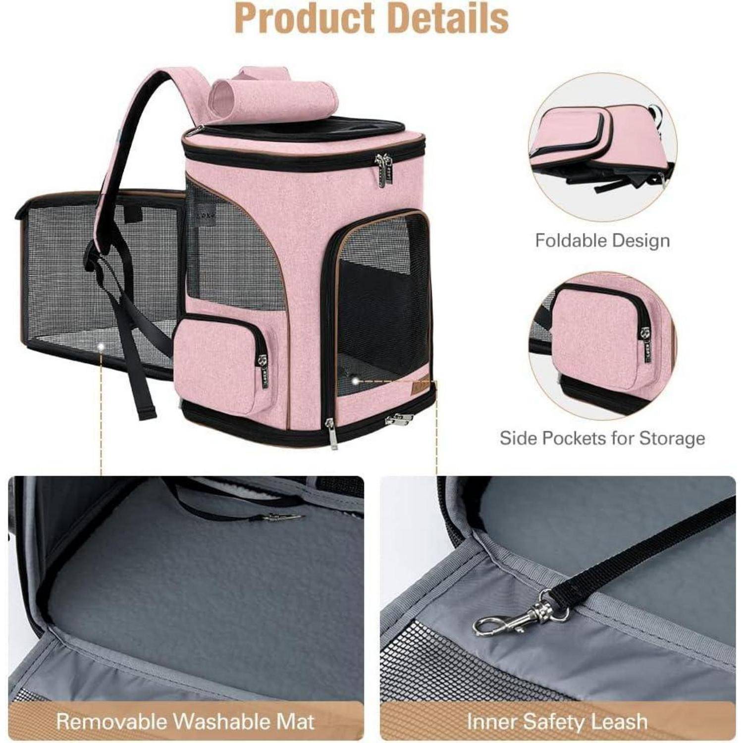 Details zum Haustier-Rucksack-Tragerucksack' mit Eigenschaften wie faltbares Design, Seitentaschen, abnehmbarer waschbarer Matte und innerem Sicherheitsgeschirr.