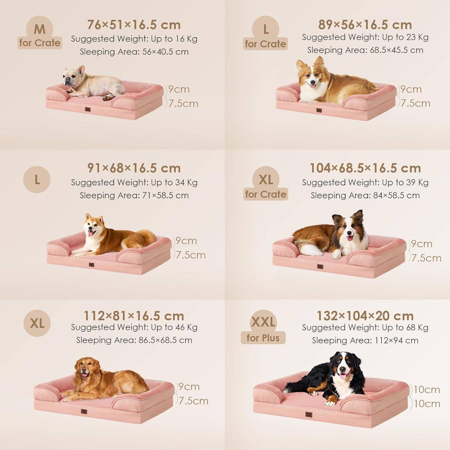 Größenratgeber für Hundebetten mit sechs Optionen, die Abmessungen, Gewichtslimits und Schlafflächengrößen für verschiedene Hundegewichte und -rassen zeigt.