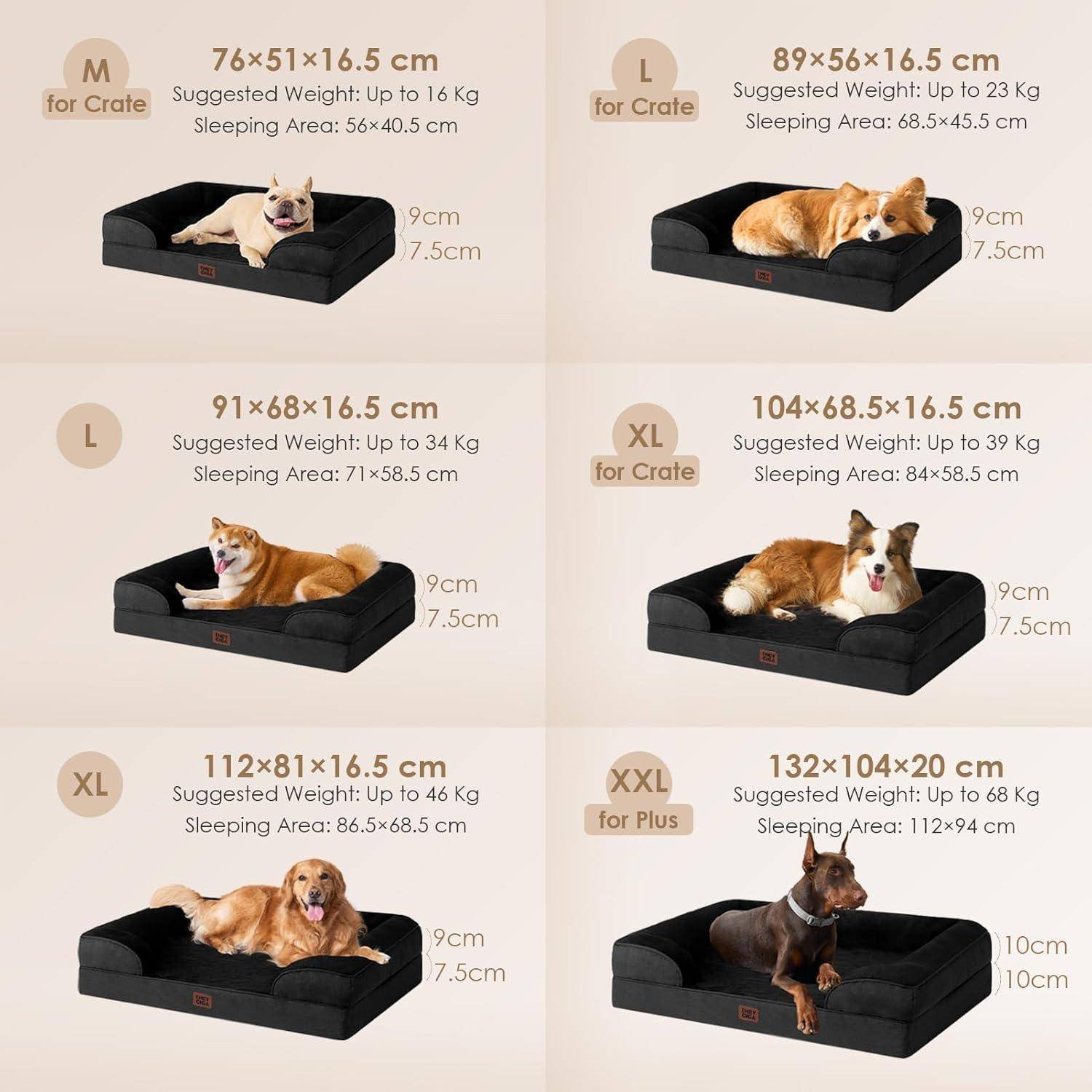 Hundebetten in verschiedenen Größen und Farben mit Abmessungen, Schlafbereichen und empfohlenen Gewichtsbereichen: M (76x51x16,5 cm), L (89x56x16,5 cm), L (91x68x16,5 cm), XL (104x68,5x16,5 cm), XL (112x81x16,5 cm), XXL (132x104x20 cm).