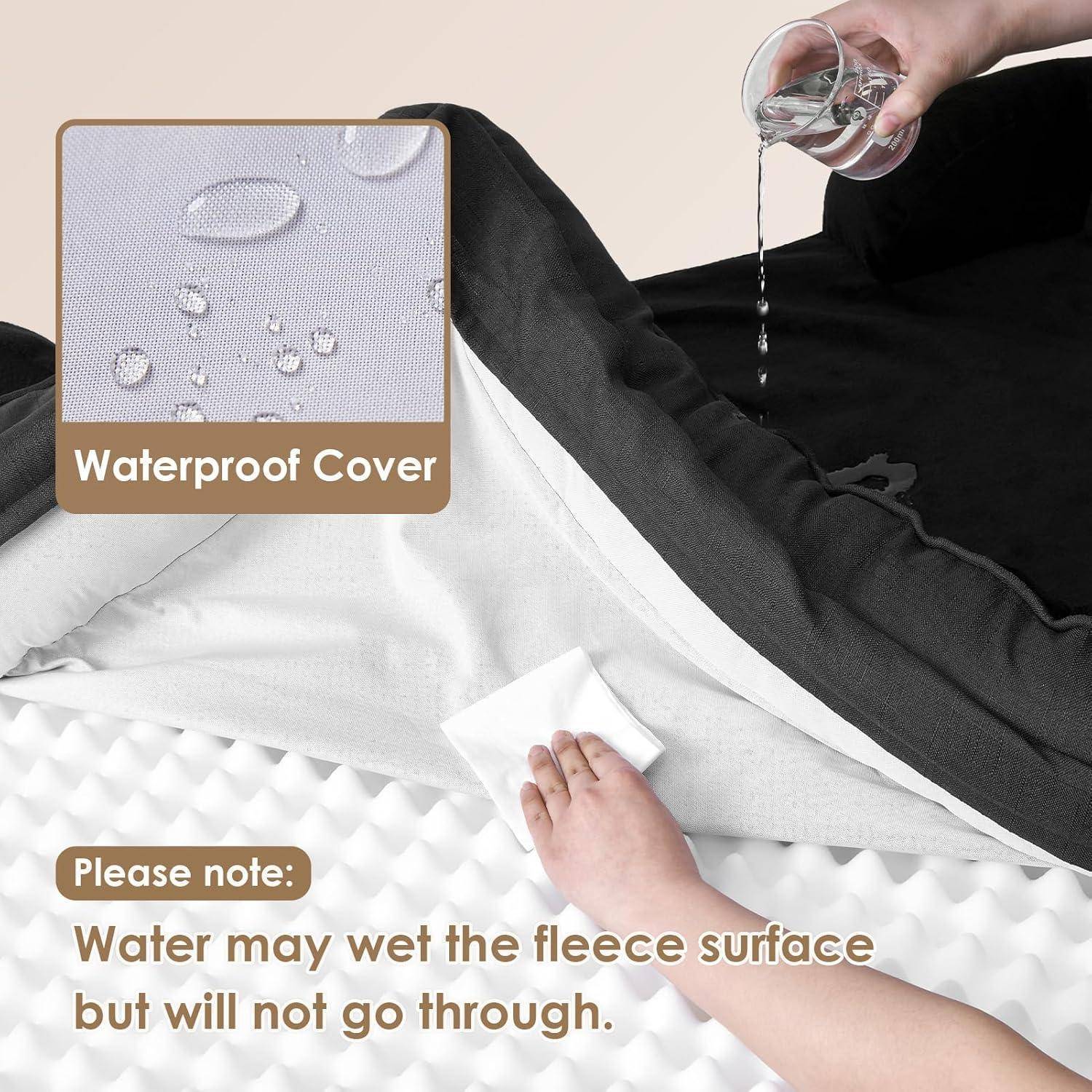 Eine Hand gießt Wasser auf eine schwarze Fleece-Oberfläche, die von einer weißen wasserdichten Abdeckung bedeckt ist. Der Text lautet: „Wasser kann die Fleece-Oberfläche benetzen, wird aber nicht durchdringen.