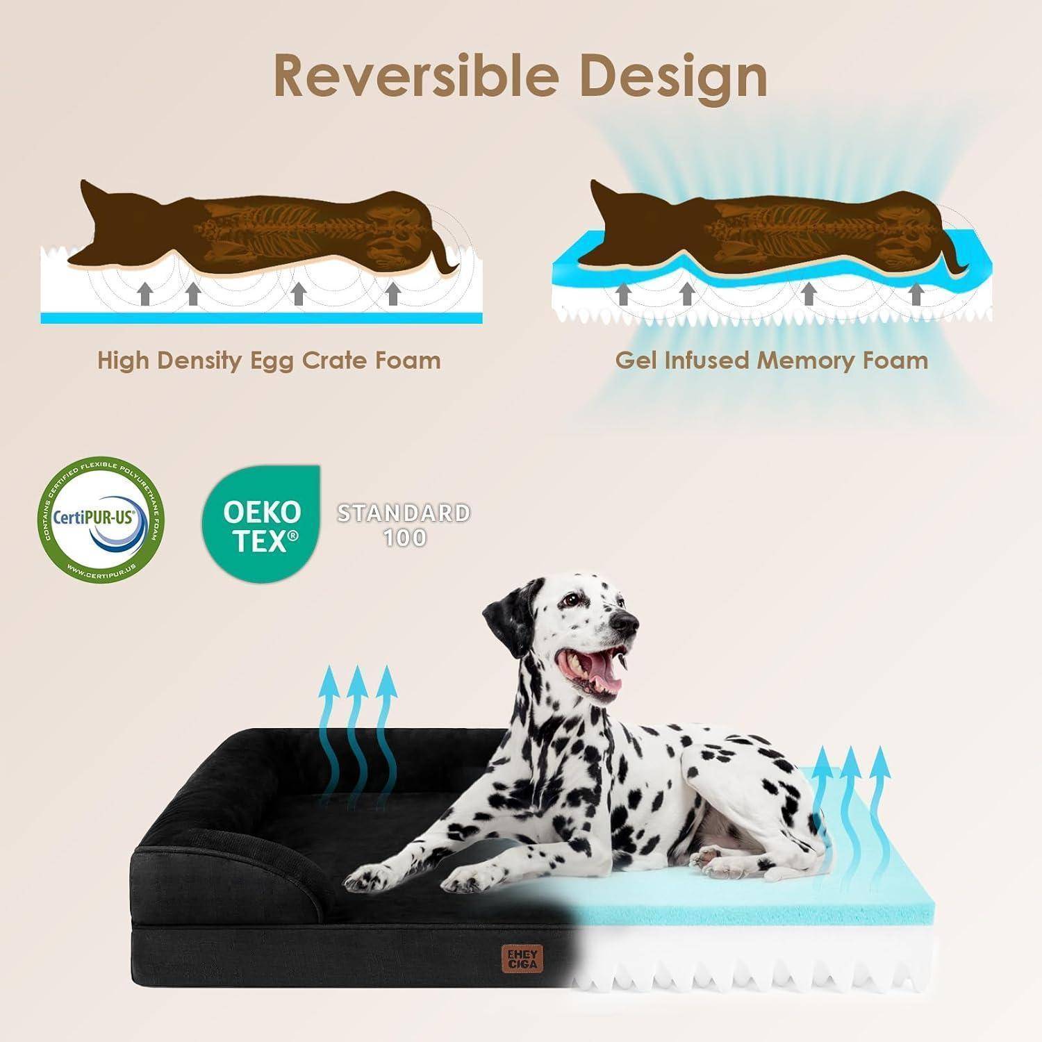 Hundebett mit umkehrbarem Design, ausgestattet mit hochdichter Eierkartonschaumstoff-Polsterung und gelinfundiertem Memoryschaum. Ein fröhlicher Hund sitzt auf dem Bett.