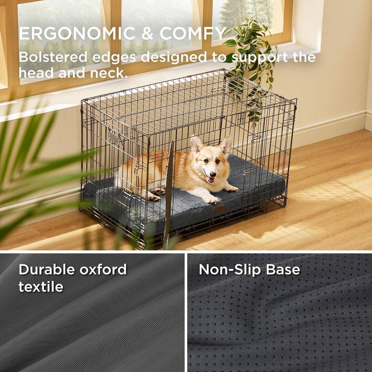 Ein Corgi sitzt gemütlich in einem Drahtkorb auf einem Kissen. Text lautet: 'Ergonomisch & Bequem.' Einschübe zeigen 'Strapazierfähiges Oxford-Textil' und 'Rutschfeste Basis'.