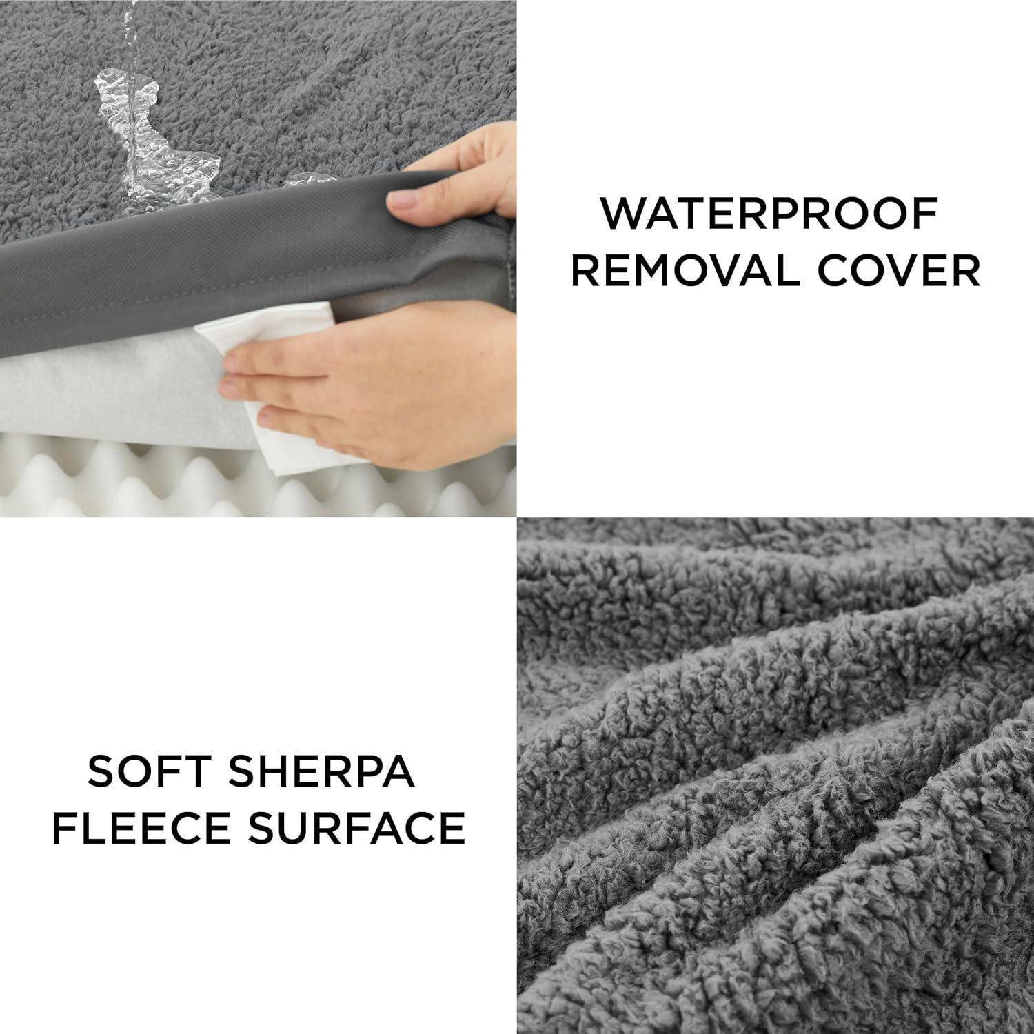 Nahaufnahme einer Hand, die eine wasserdichte Abdeckung anhebt und dabei eine weiche Sherpa-Fleece-Oberfläche darunter freilegt, beschriftet mit ‚Wasserdichte Abdeckung' und ‚Weiche Sherpa-Fleece-Oberfläche'.