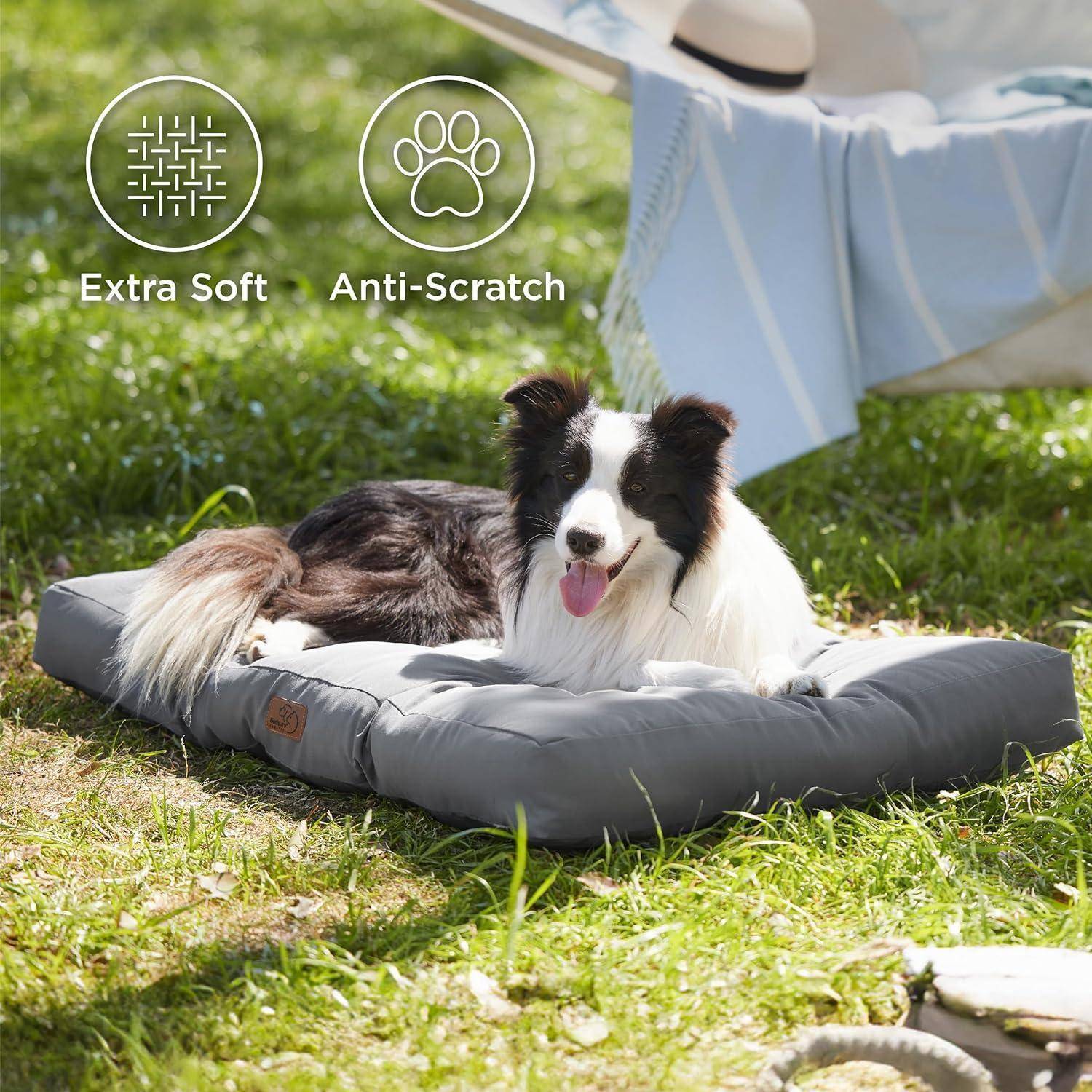 Ein Hund ruht auf einem weichen, grauen Haustierkorb im Freien. Symbole zeigen an, dass der Korb ‚Extra Weich' und ‚Kratzfest' ist. Sonnenlicht und Gras sind sichtbar.