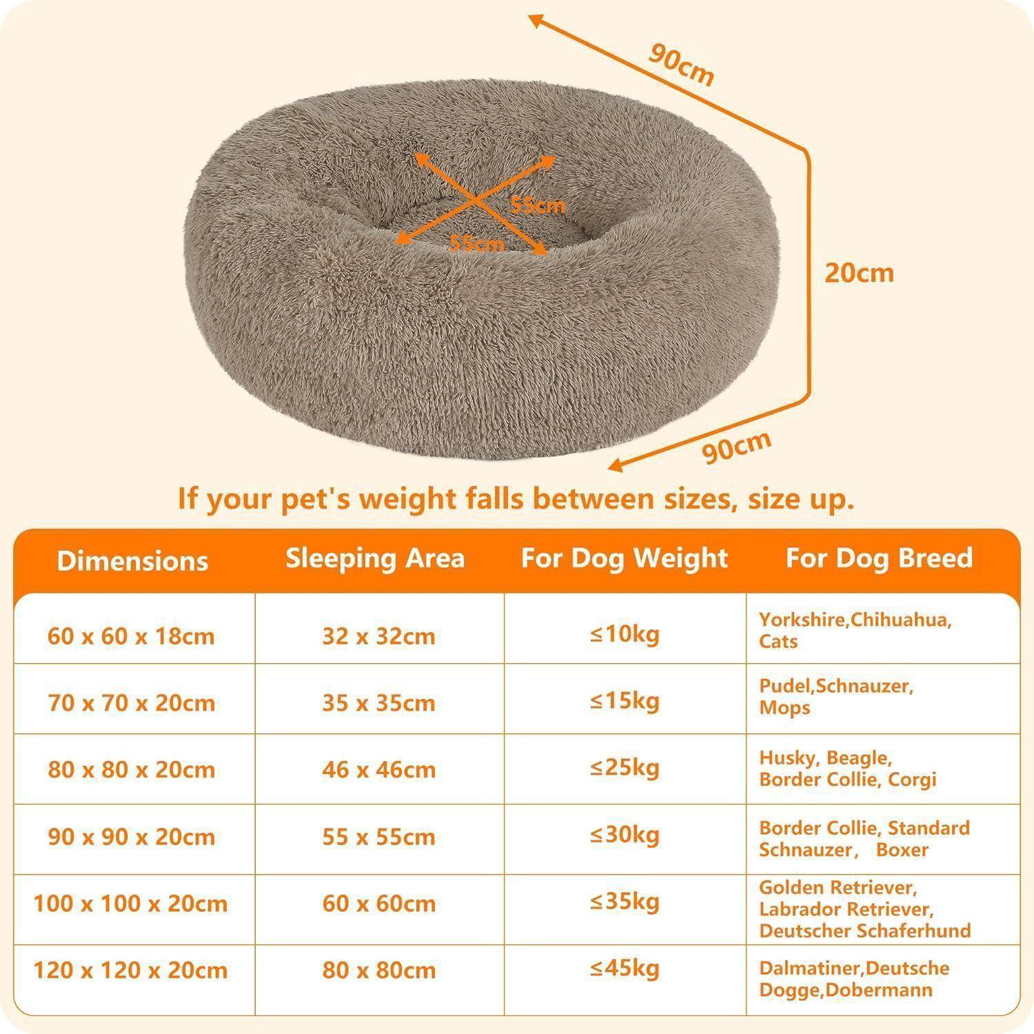Braunes Haustier-Bett mit Abmessungen: 60-120 cm Durchmesser, 20 cm Höhe. Enthält Gewichts- und Rassenempfehlungen für verschiedene Größen.
