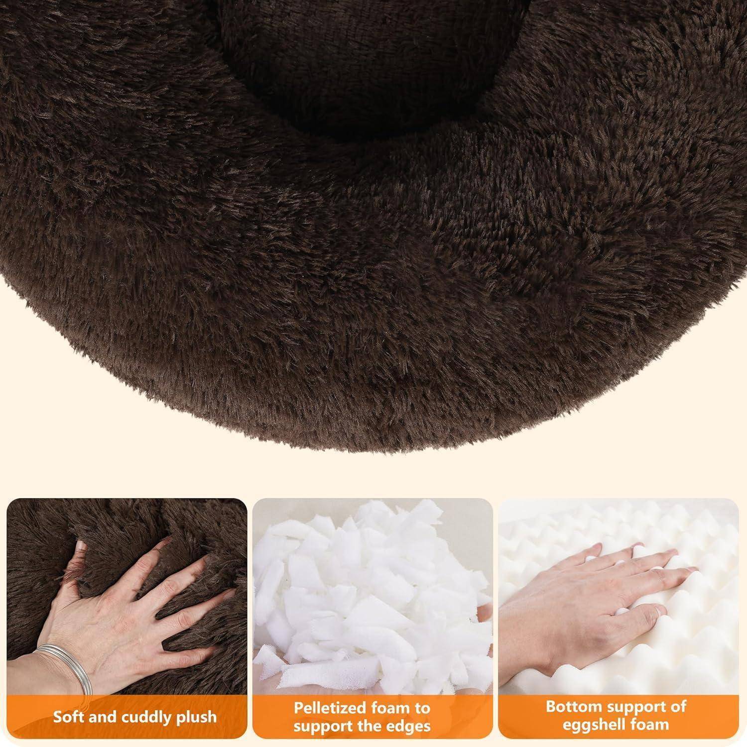 Braunes flauschiges Haustier-Bett mit plüschigen und stützenden Kanten. Eingefügte Bilder heben die weiche Textur, die gepolsterte Kante und die Eischaumstoff-Basis hervor.