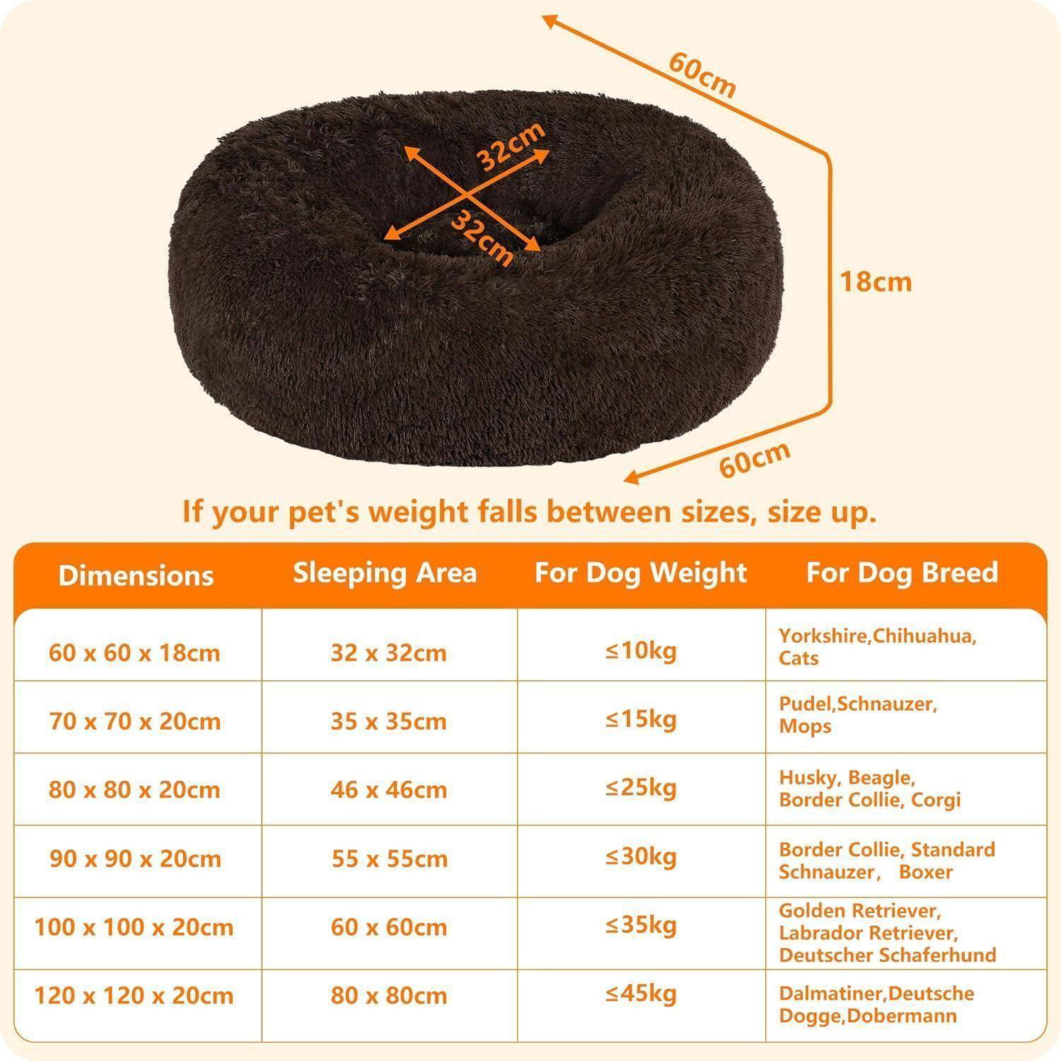 Hundebett orthopädisches rund Donut L 60 x B 60 x H 18 cm Braun