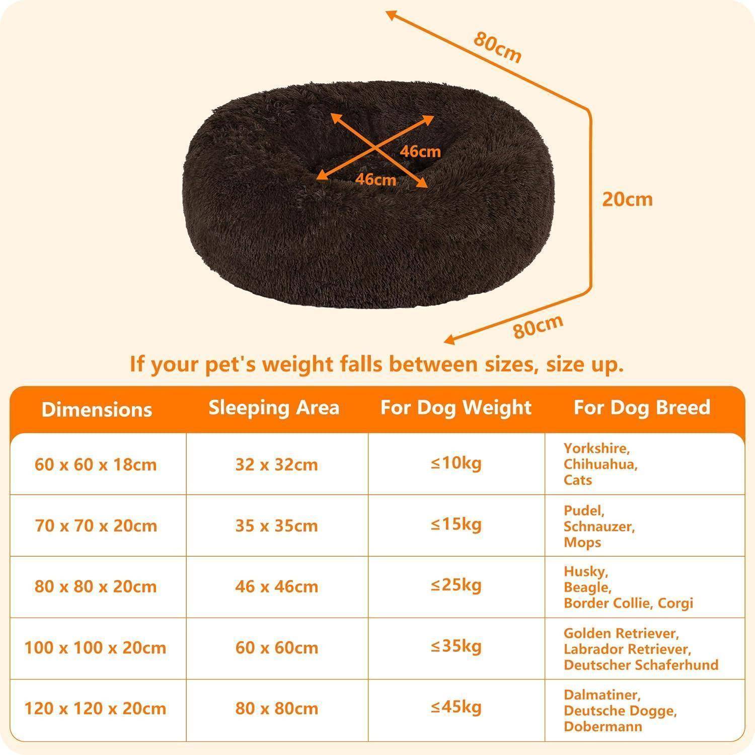 Hundebett orthopädisches rund Donut L 80 x B 80 x H 20 cm Braun