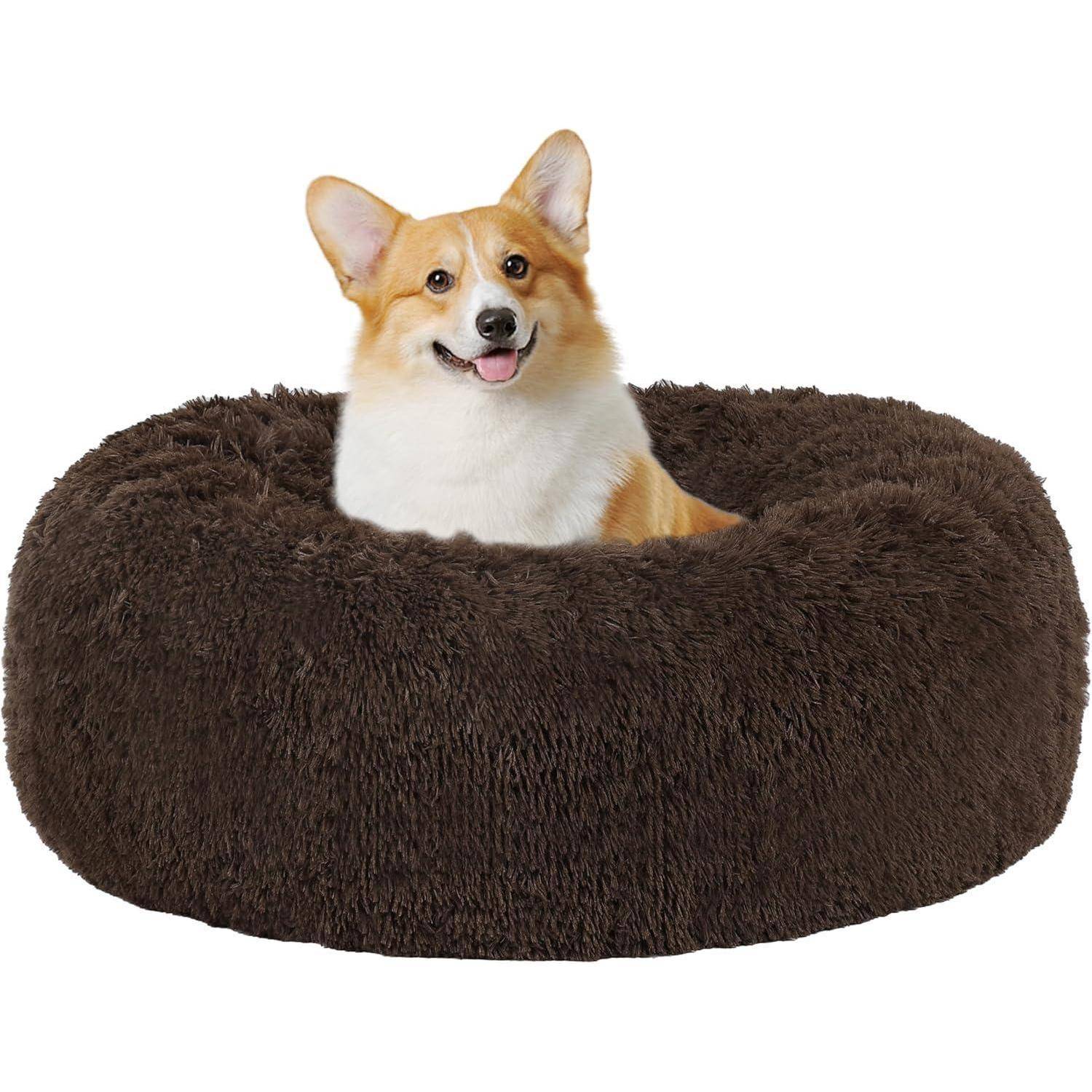 Ein Corgi sitzt gemütlich in einem großen, runden, flauschigen braunen Haustierkörbchen und wirkt zufrieden und entspannt.