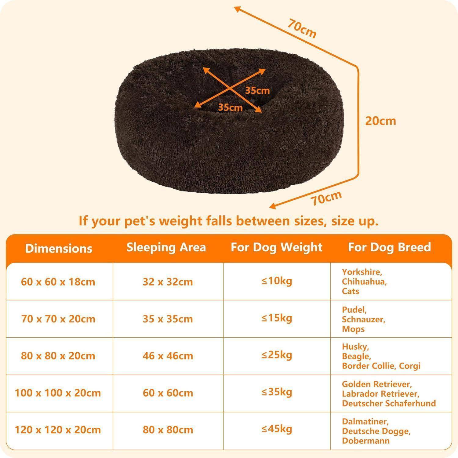 Ein rundes, dunkelbraunes Haustier-Bett mit einem Durchmesser von 70 cm und einer Höhe von 20 cm. Es enthält eine Größentabelle für verschiedene Hundegewichte und -rassen.