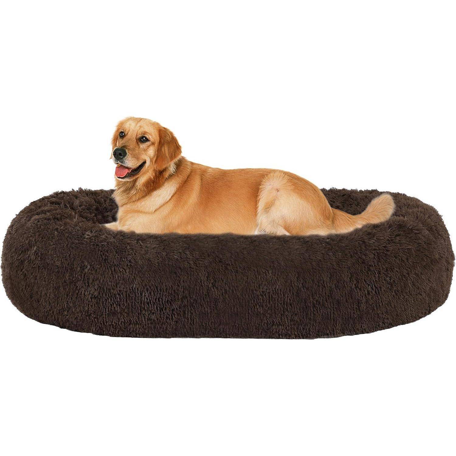 Ein Golden Retriever liegt gemütlich auf einem großen, plüschigen, runden braunen Hundebett und wirkt zufrieden und entspannt.