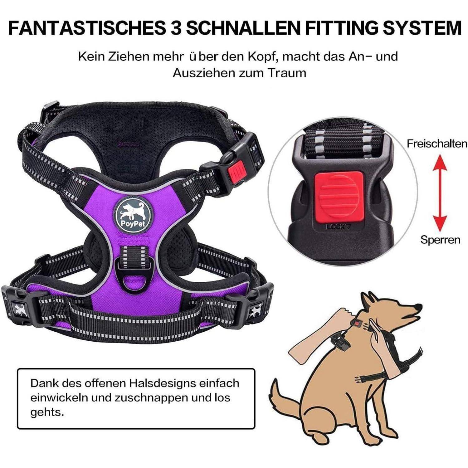 Lila Hundegeschirr mit einem '3-Schnallen-Fitting-System'; Nahaufnahme zeigt einen Verschließmechanismus. Illustration eines Hundes, der das Geschirr trägt. Text auf Deutsch erklärt einfache Handhabung.