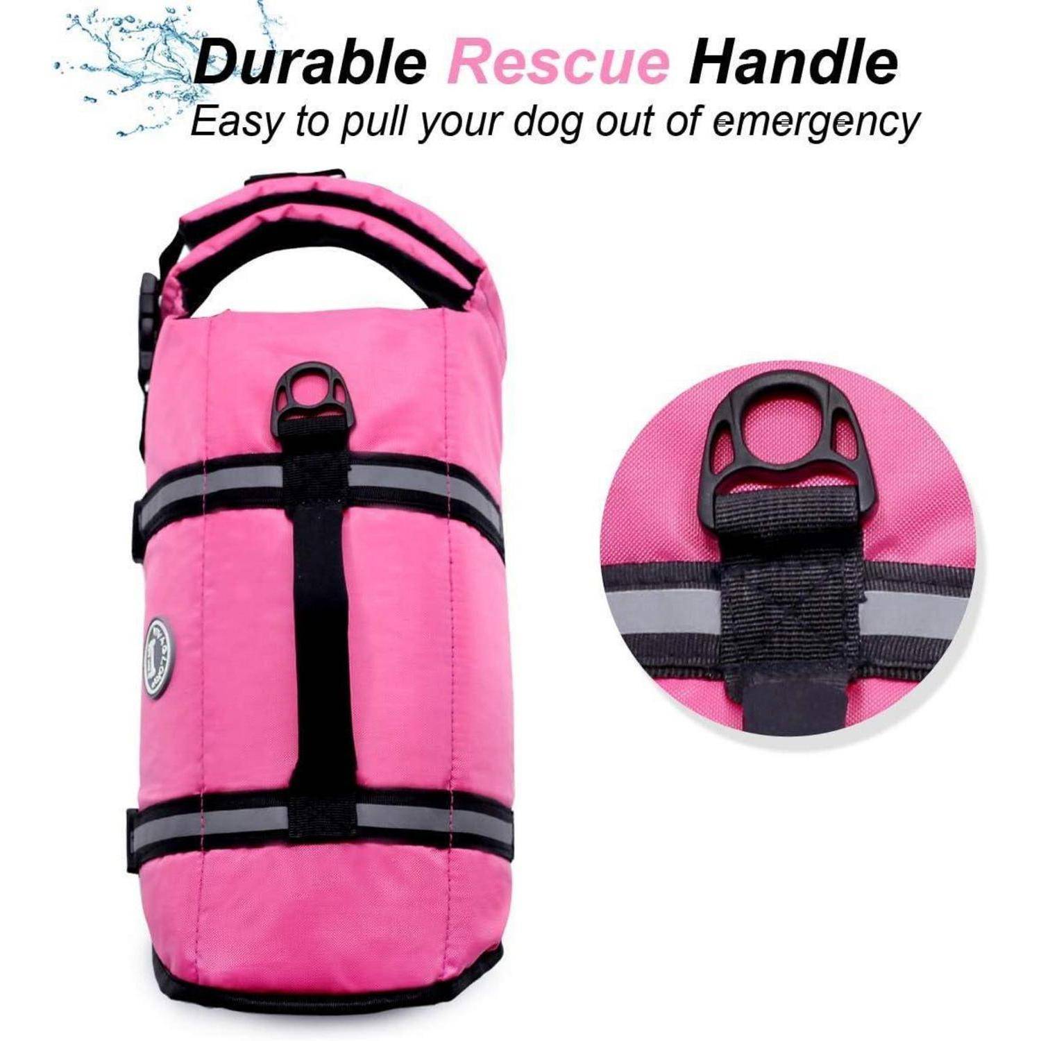 Eine knallig rosa Hundeschwimmweste mit robustem Rettungsgriff für Notsituationen, die besonders auf einfaches Herausziehen des Hundes aus Gefahrenbereichen ausgelegt ist.