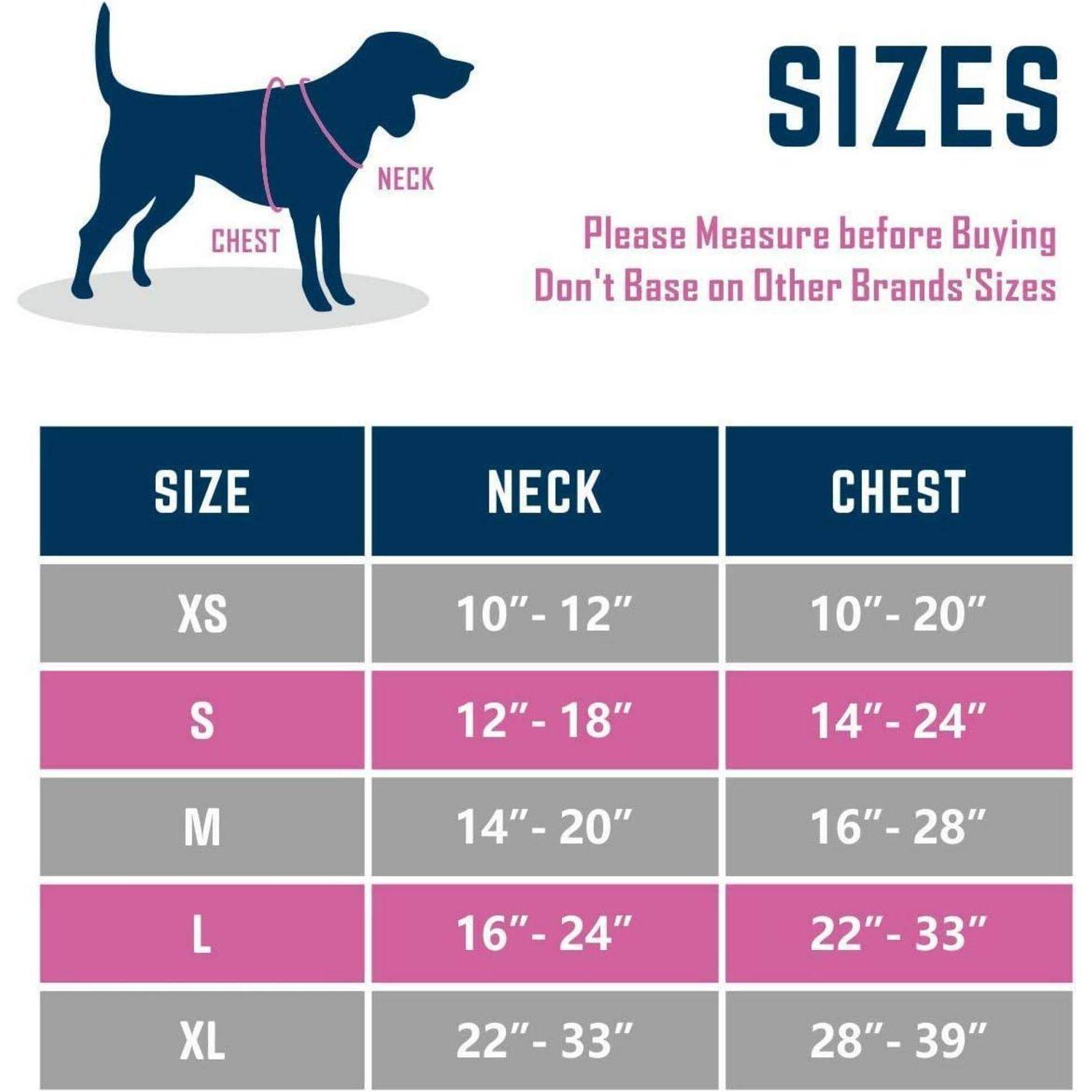 Hunde-Größentabelle: XS bis XL mit Hals- und Brustumfang. XS: 25-30 cm Halsumfang, 25-50 cm Brustumfang; XL: 56-84 cm Halsumfang, 71-99 cm Brustumfang.