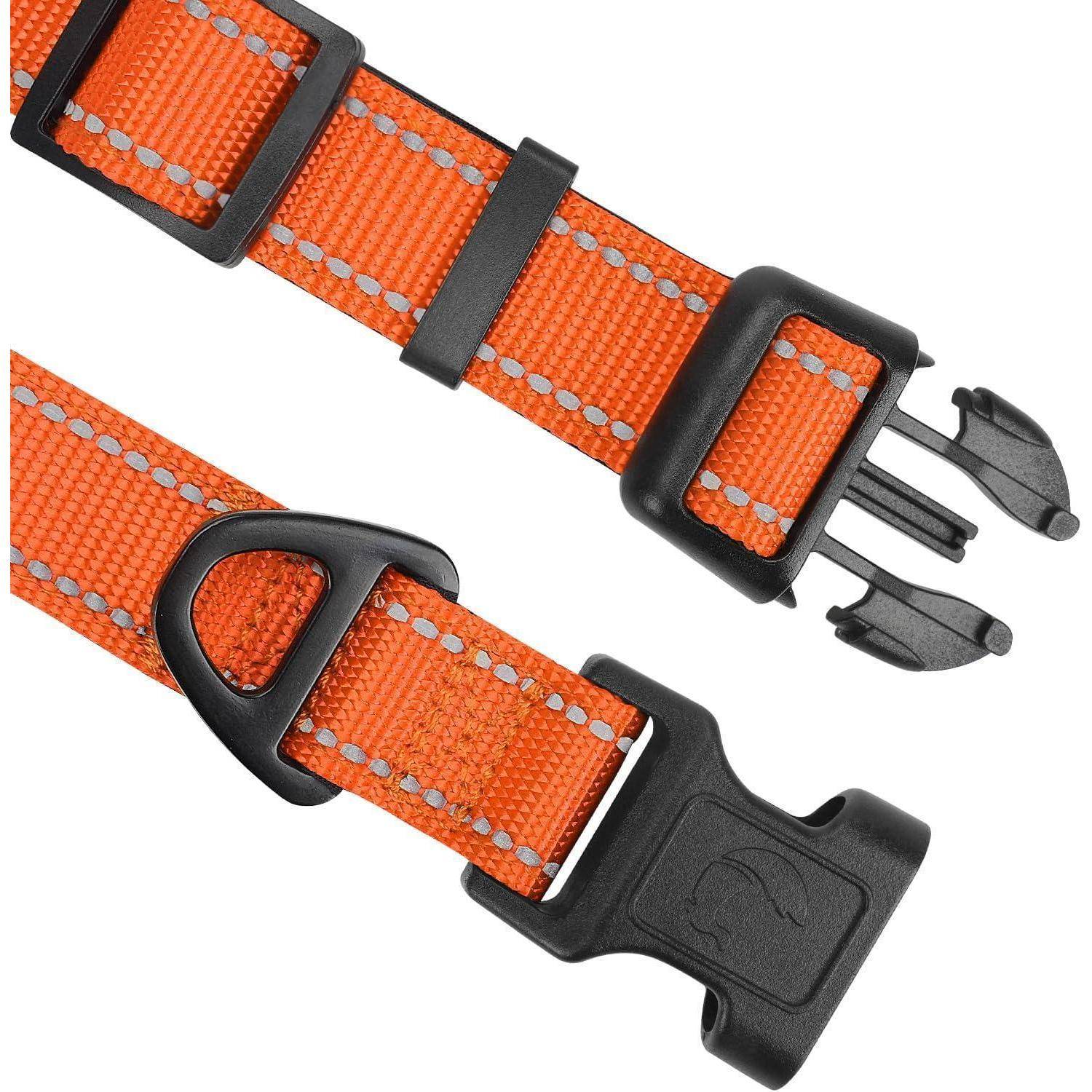 Ein orangefarbenes Nylon-Hundehalsband mit reflektierender Naht, ausgestattet mit einer schwarzen Kunststoffschnalle zum Schließen und einem verstellbaren Riemen für die Größenanpassung.