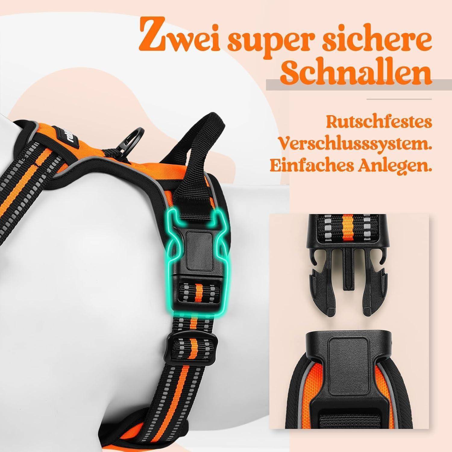 Das Bild zeigt eine Nahaufnahme eines Geschirrs mit zwei sicheren Schnallen. Der Text auf Deutsch hebt das rutschfeste Verschlusssystem und die Benutzerfreundlichkeit hervor.