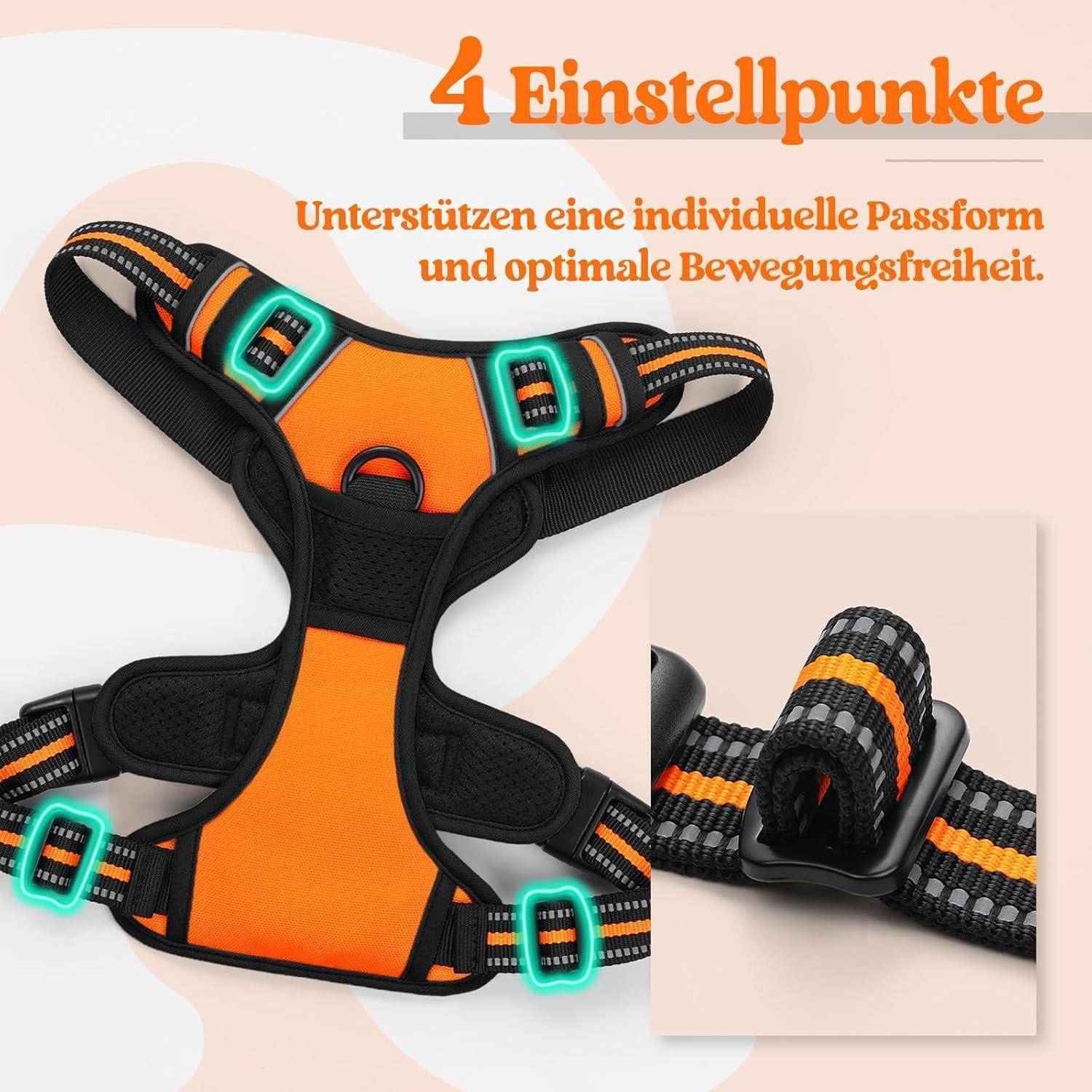 Ein Hundegeschirr mit '4 Einstellpunkten' für eine individuelle Passform, in Orange und Schwarz dargestellt. Ausgestattet mit verstellbaren Riemen für optimale Bewegungsfreiheit.