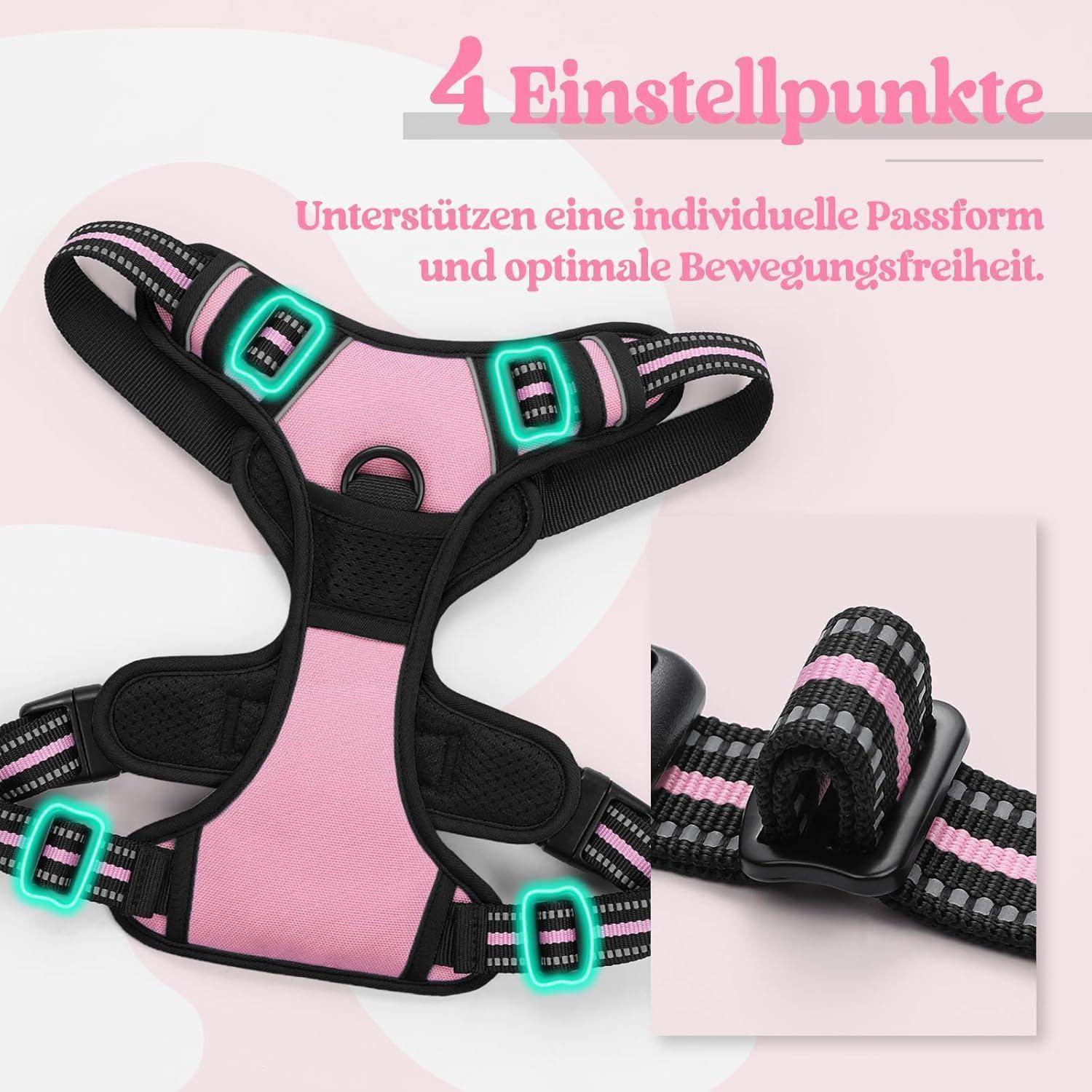 Hundegeschirr in Schwarz und Pink mit mehreren verstellbaren Punkten, optimiert für Passform und Bewegungsfreiheit. Das Geschirr bietet maximale Anpassungsmöglichkeiten und ermöglicht Ihrem Hund komfortable und sichere Bewegung während des Spaziergangs.