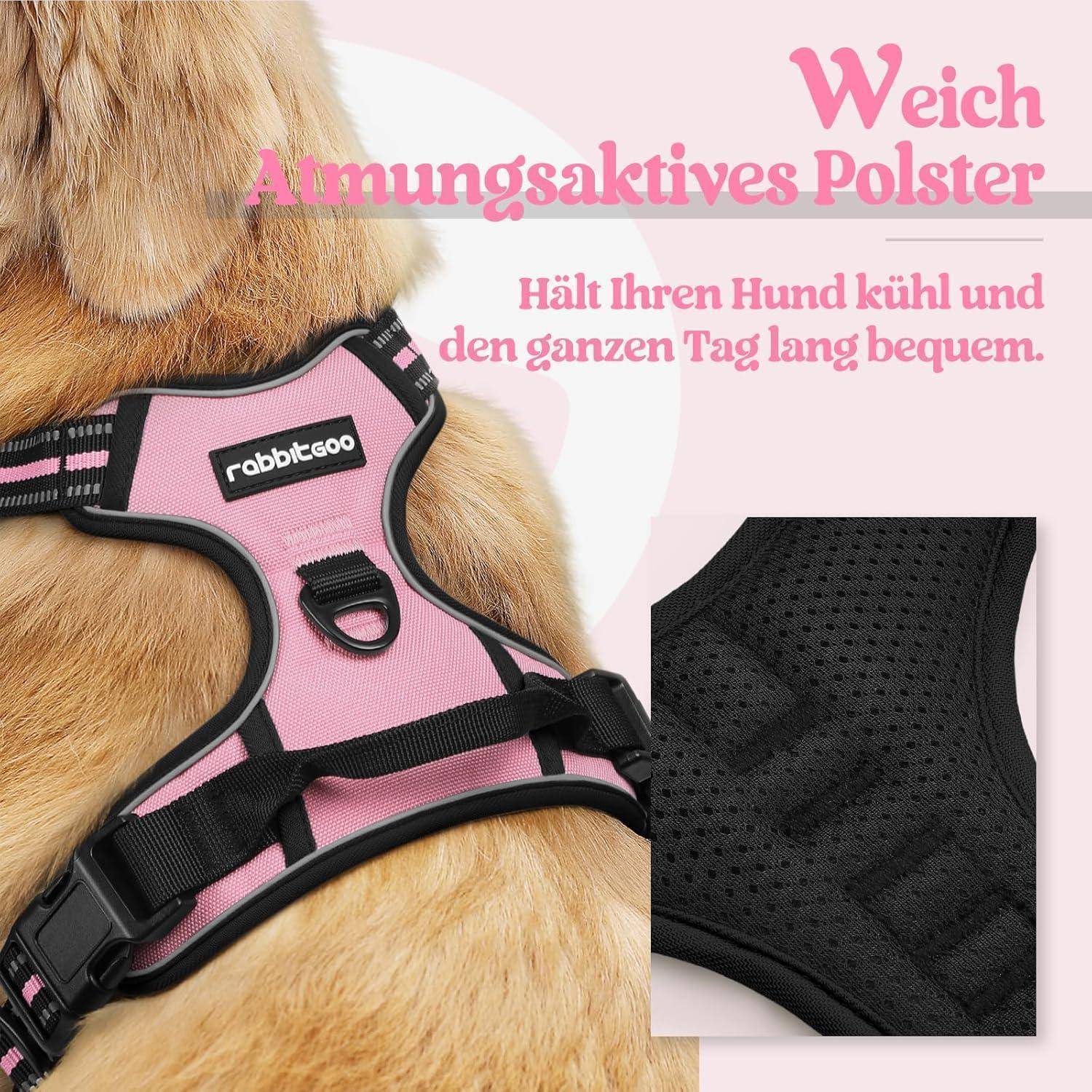 Ein Hund, der ein rosa Geschirr trägt, mit den Worten 'Weich atmungsaktives Polster', die Komfort und Atmungsaktivität für Haustiere betonen.