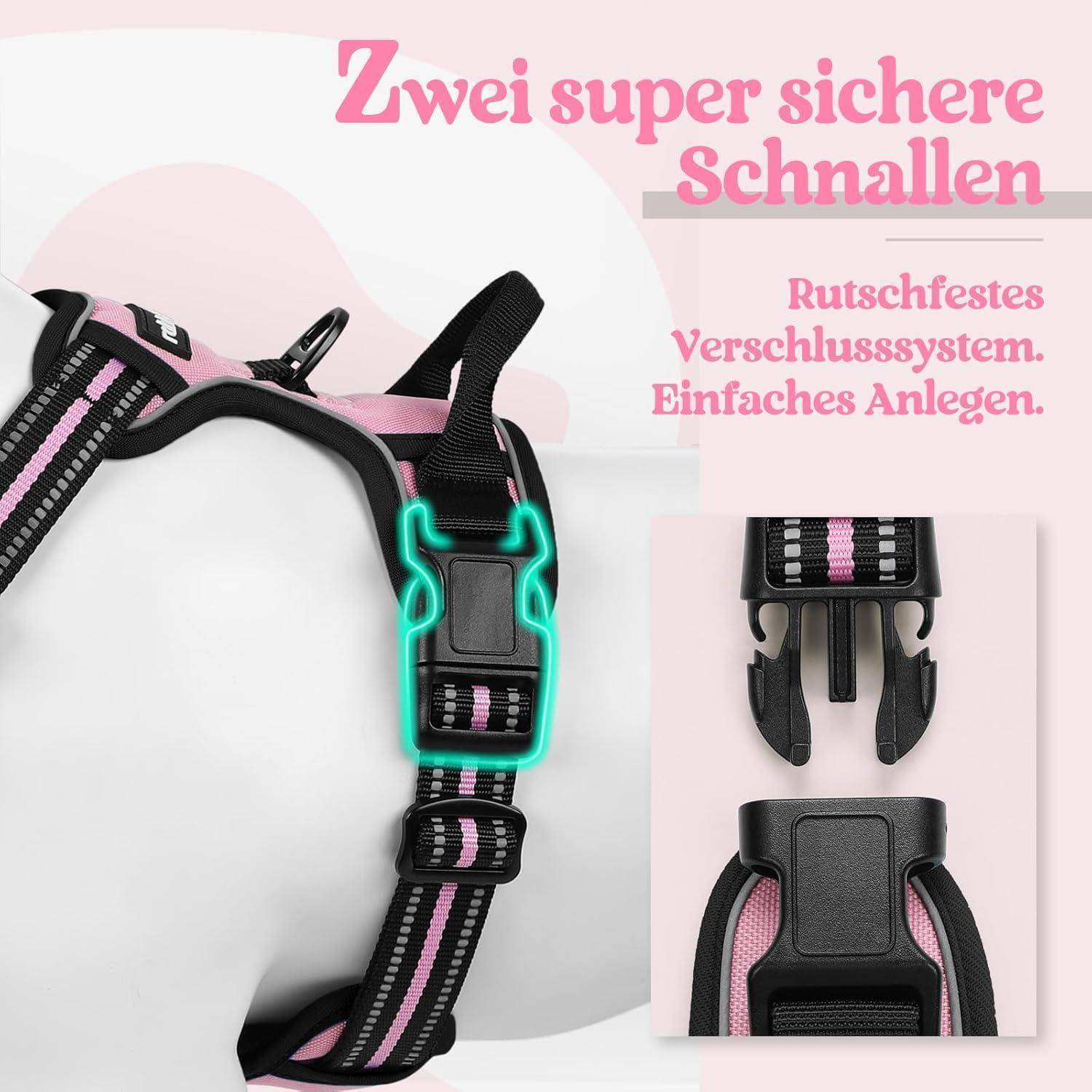 Eine Nahaufnahme eines rosa und schwarzen Geschirrs mit zwei Schnallen, gekennzeichnet als 'Zwei super sichere Schnallen', die ein rutschfestes Verschlusssystem hervorhebt.
