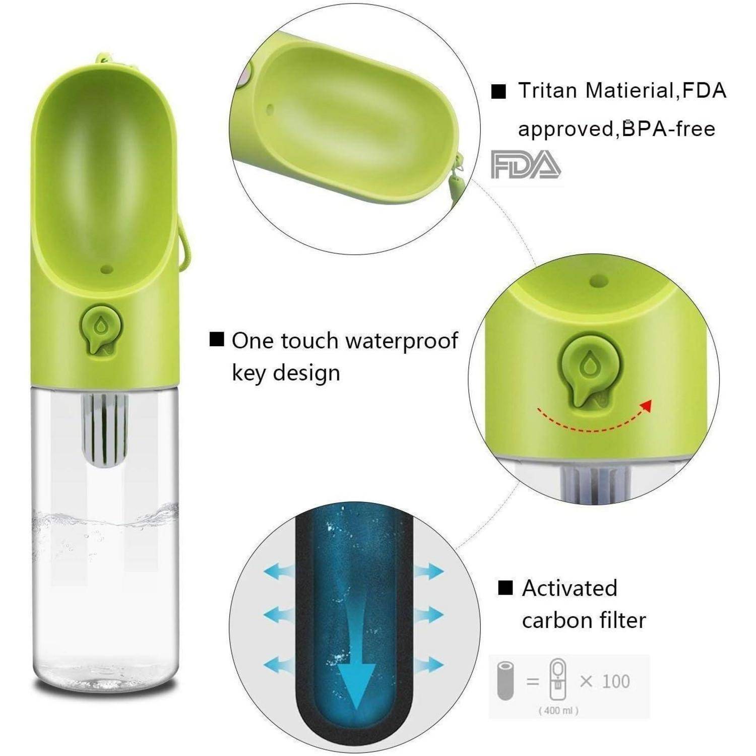 Grüne tragbare Wasserflasche mit One-Touch-wasserdichtem Schlüsseldesign, Aktivkohlefilter, hergestellt aus BPA-freiem Tritan-Material. FDA zugelassen.